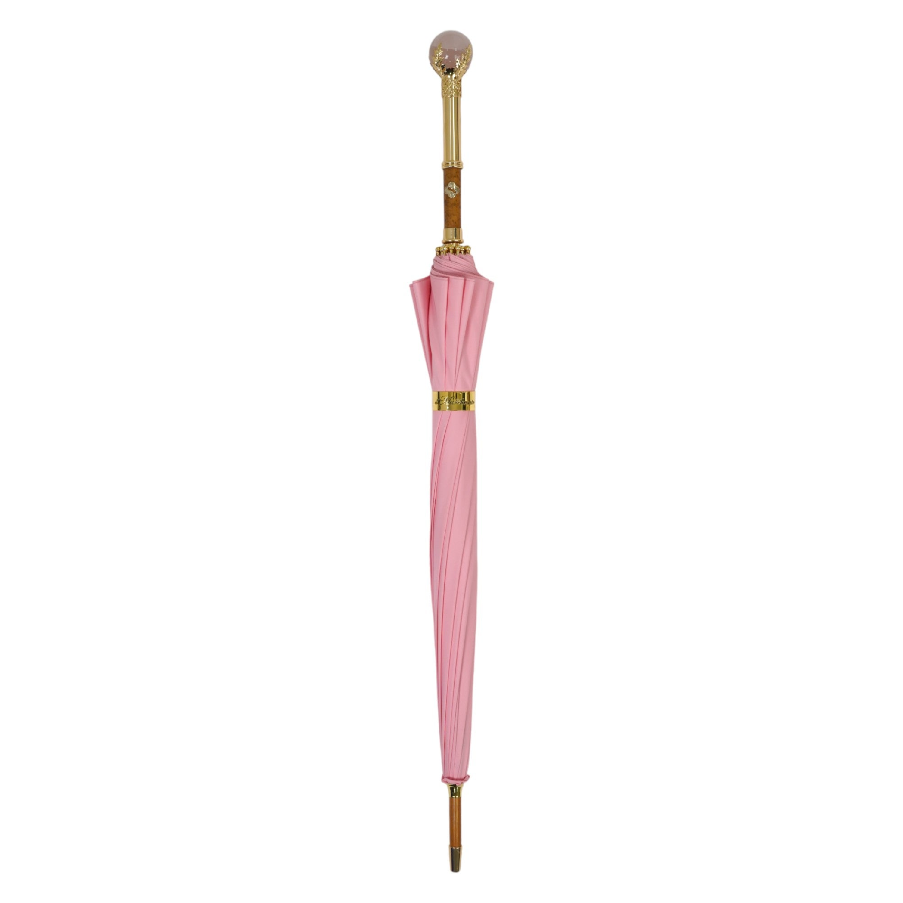 Limited Edition 24K Gold Handle Genuine Quartz Accent Pink Umbrella