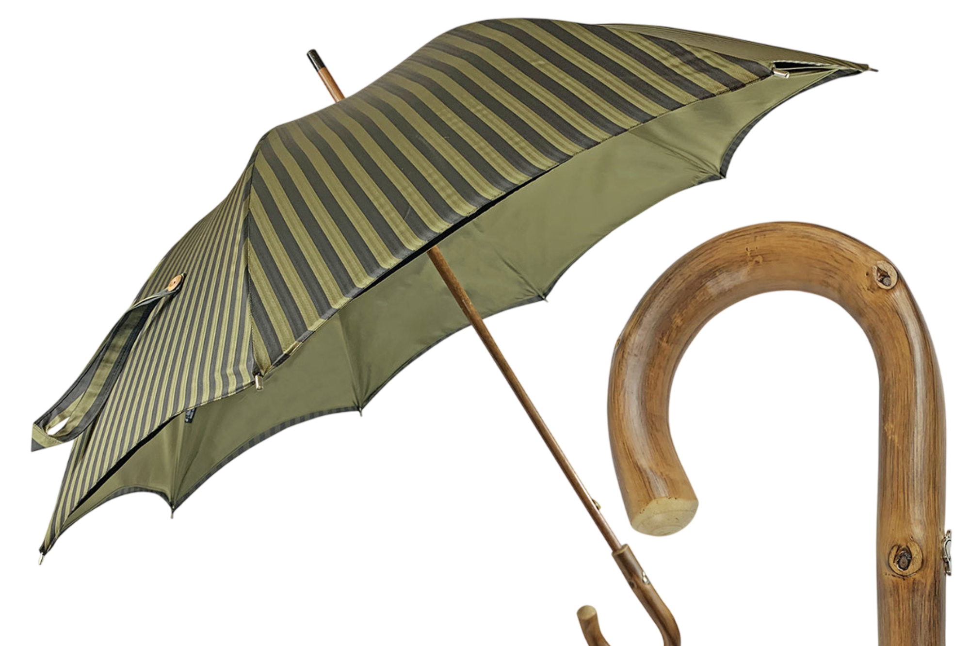 Deep Green Stripes Classic Umbrella with Handcrafted Chestnut Handle
