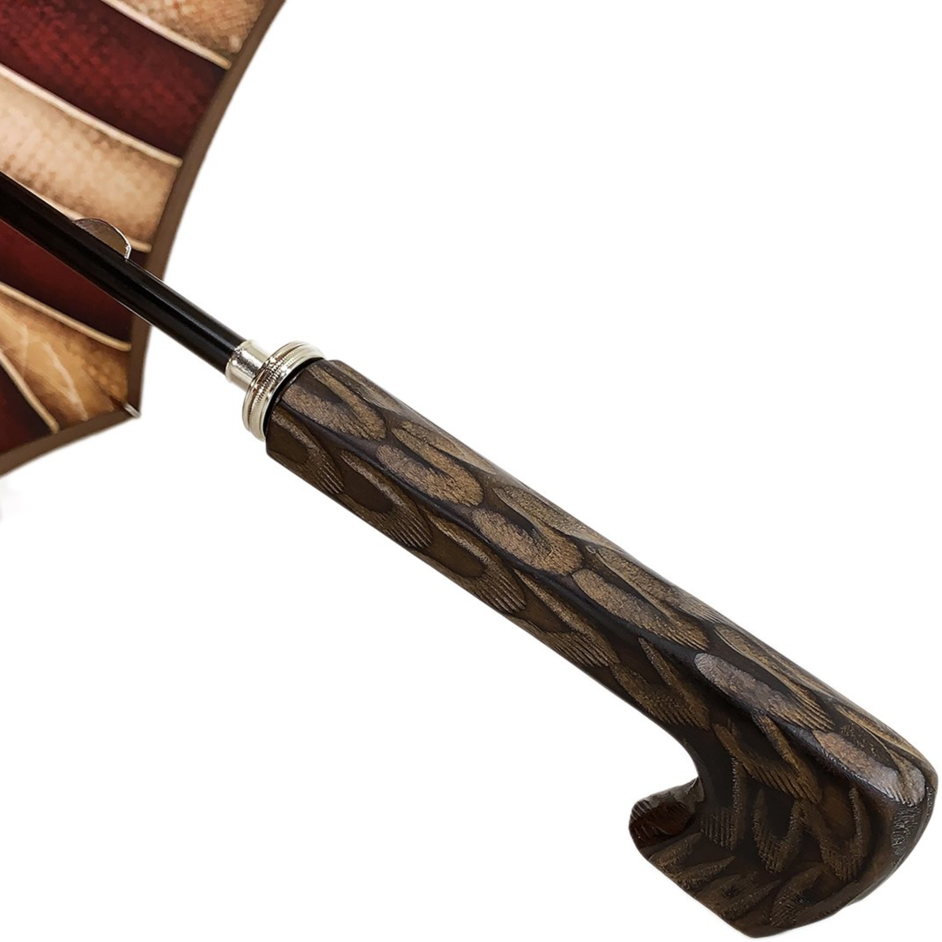 Handcrafted Red and Cream Striped Umbrella with Engraved Wood Handle