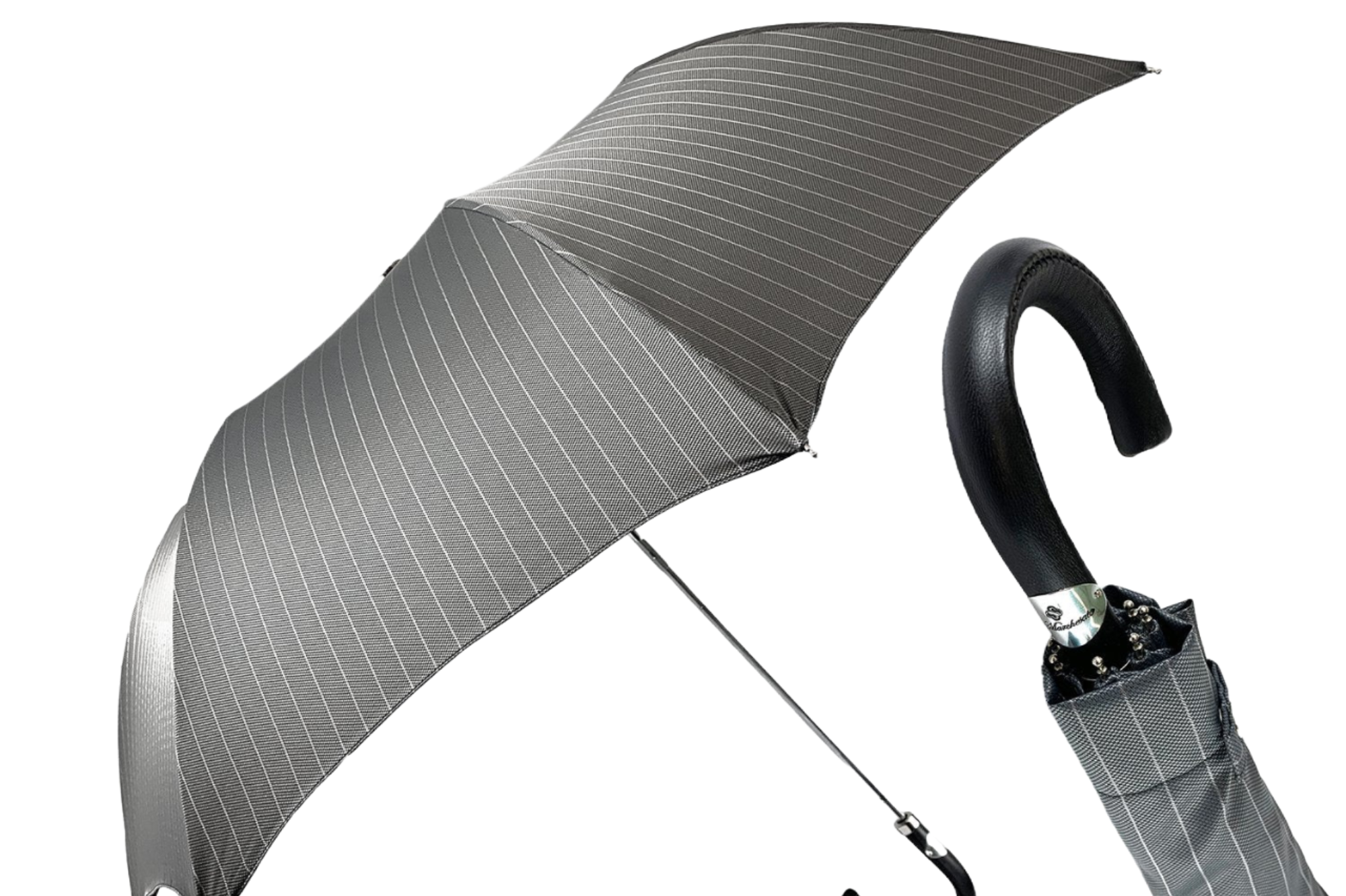 Refined Men’s Gray Striped Folding Umbrella with Leather Handle