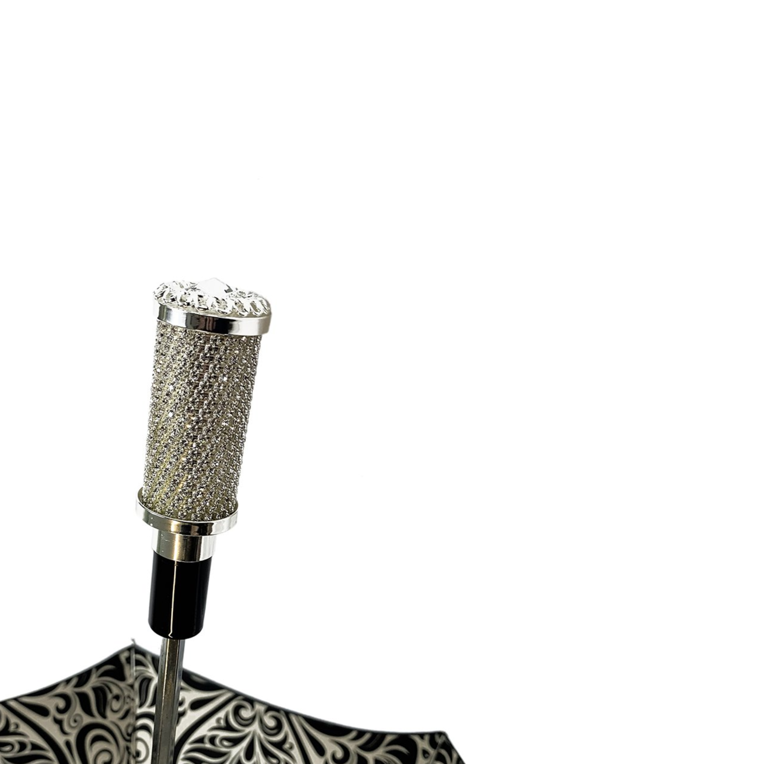 Black and White Damask Umbrella with 925 Silver-Plated Handle