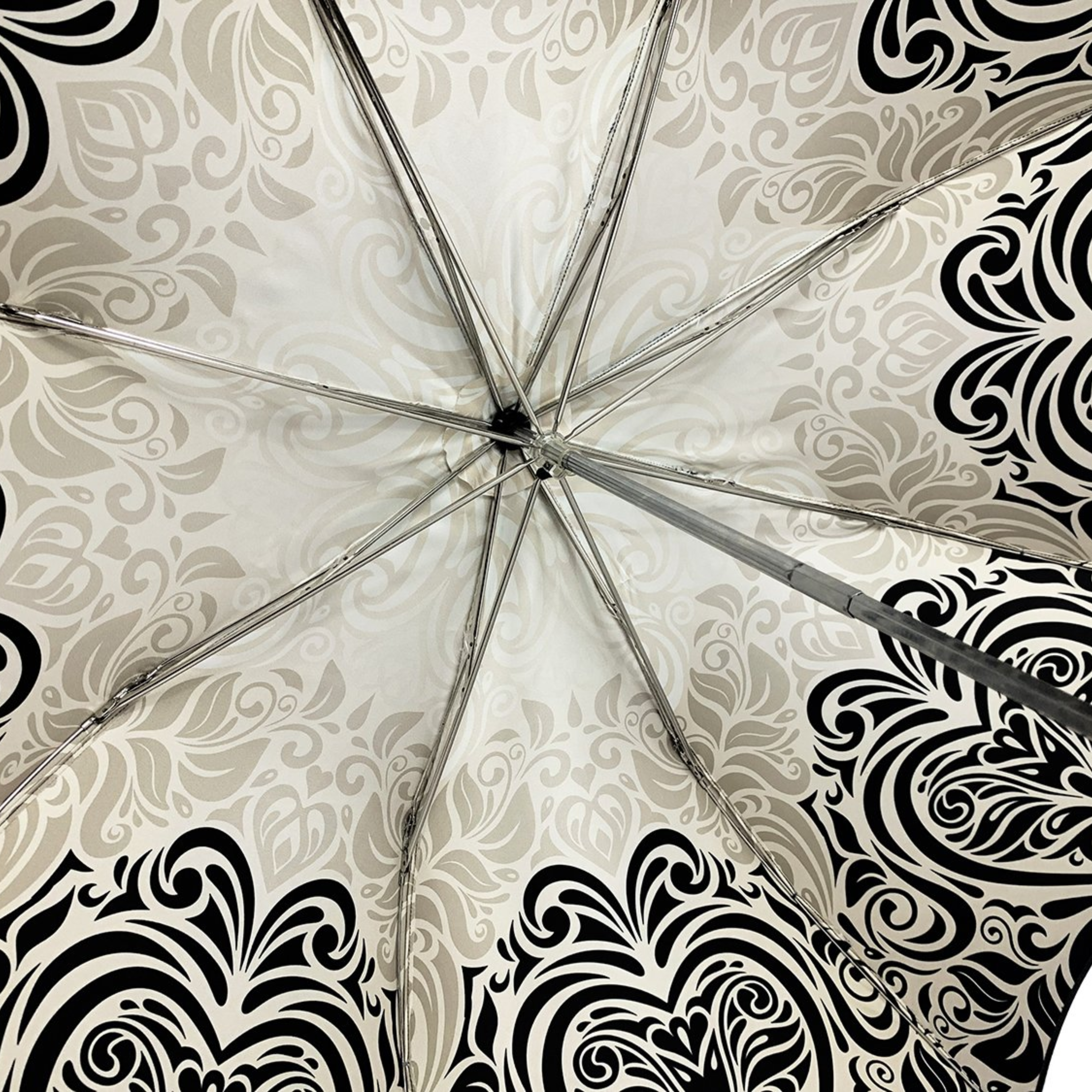 Black and White Damask Umbrella with 925 Silver-Plated Handle