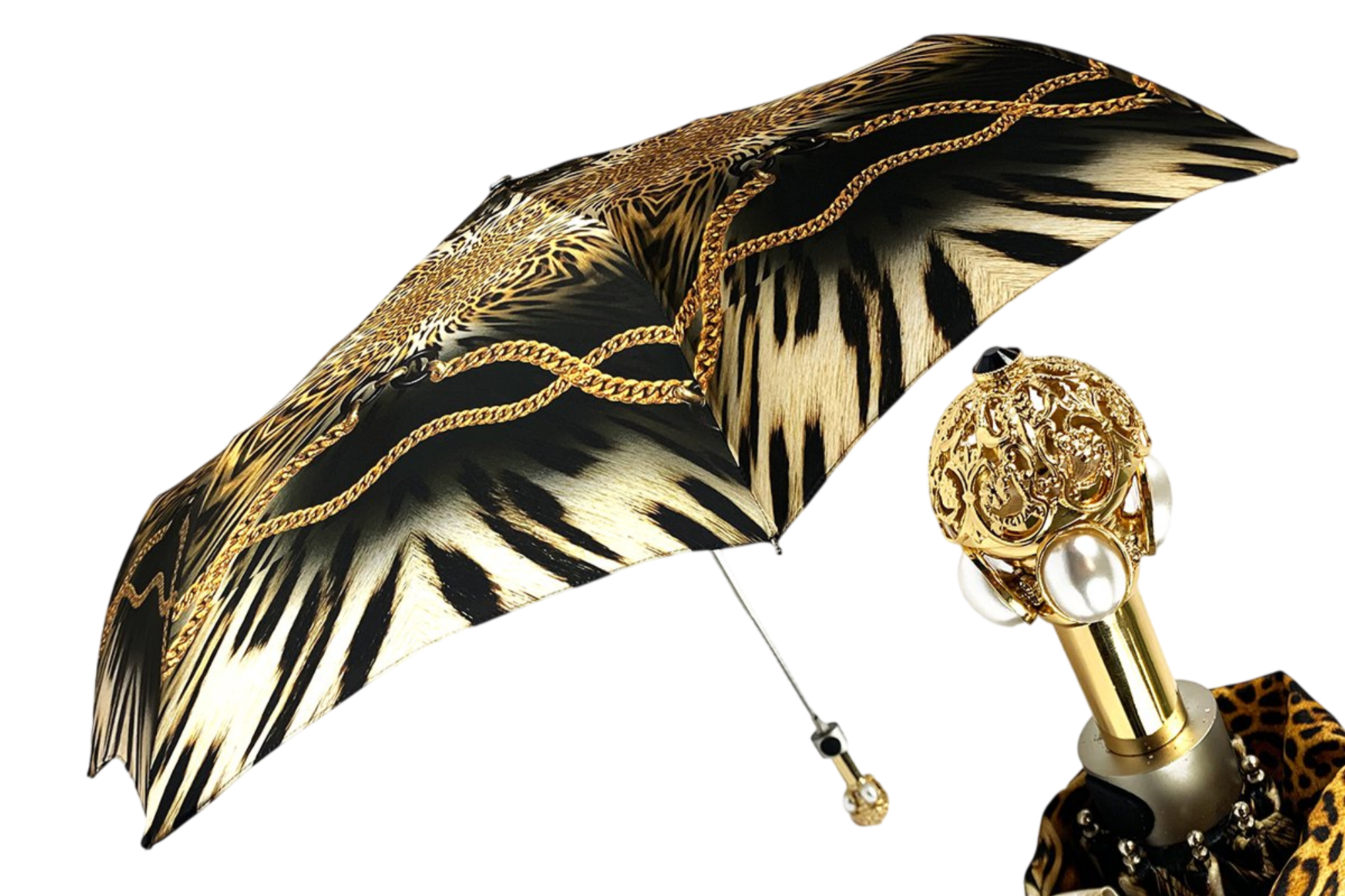 Leopard and Gold Chains Folding Umbrella – Women’s Luxury Design