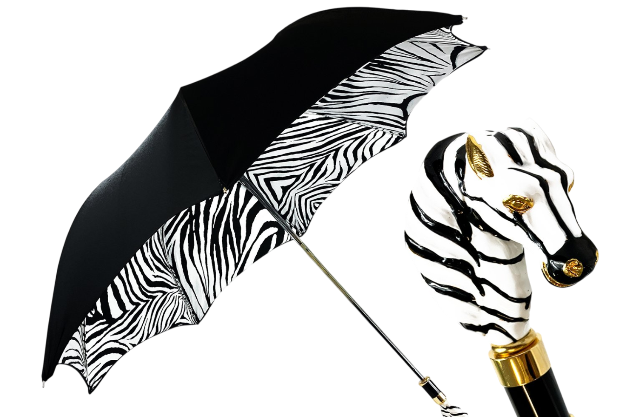 Hand-Painted Zebra Luxury Umbrella – 24K Gold-Plated Handle