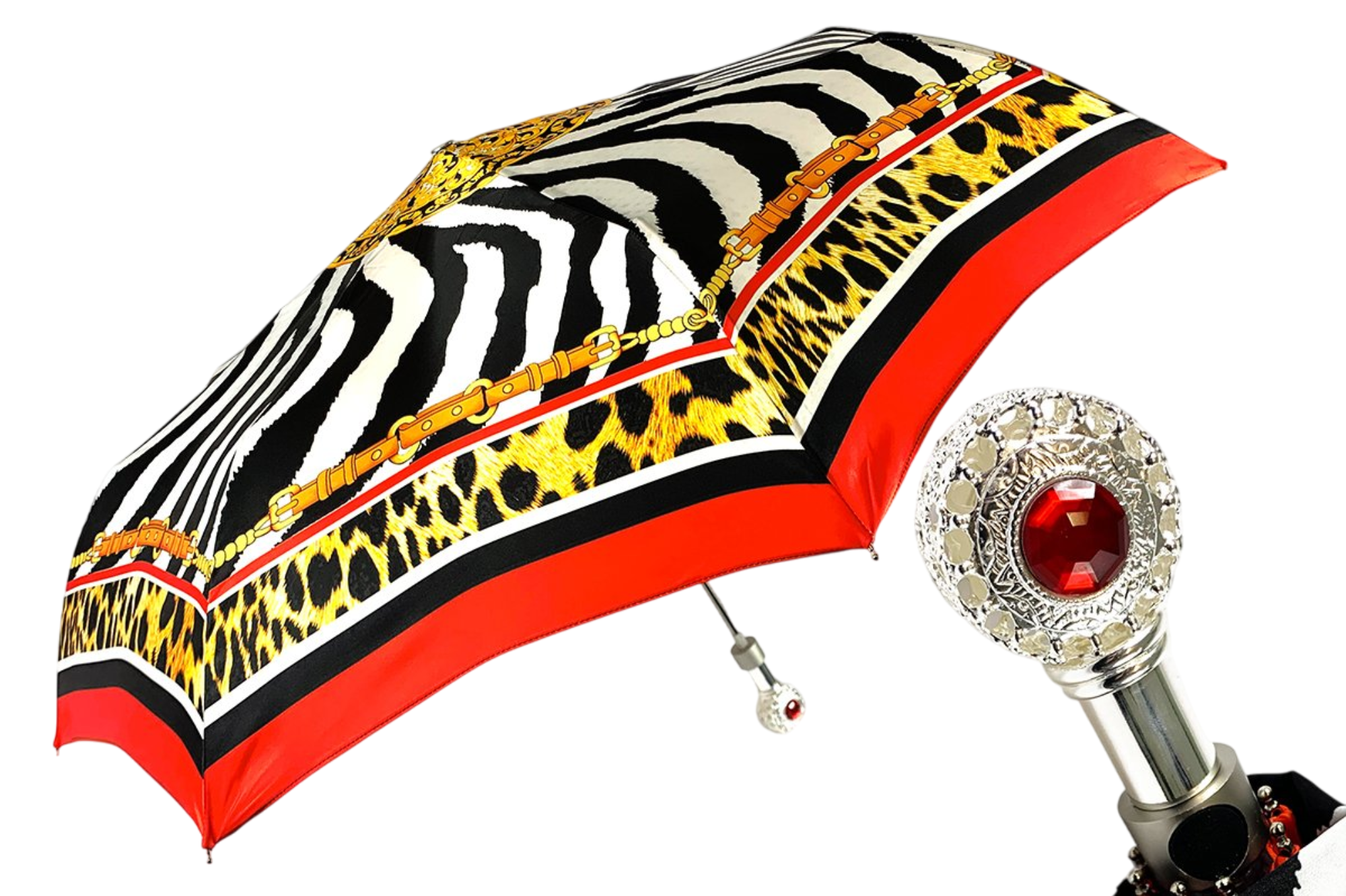 Elegant Design with Jeweled Silver-Plated Handle Folding Umbrella