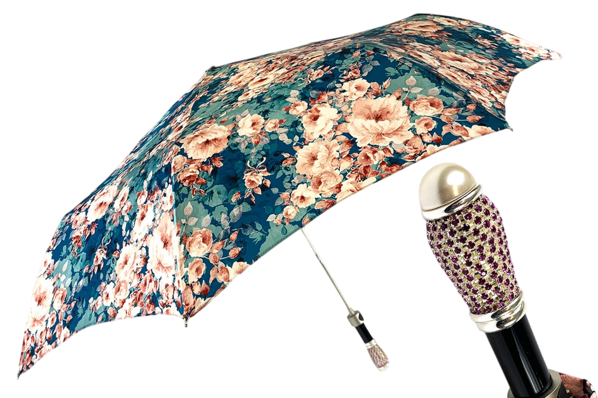 Elegant Women's Folding Umbrella – Floral Print with Jeweled Handle