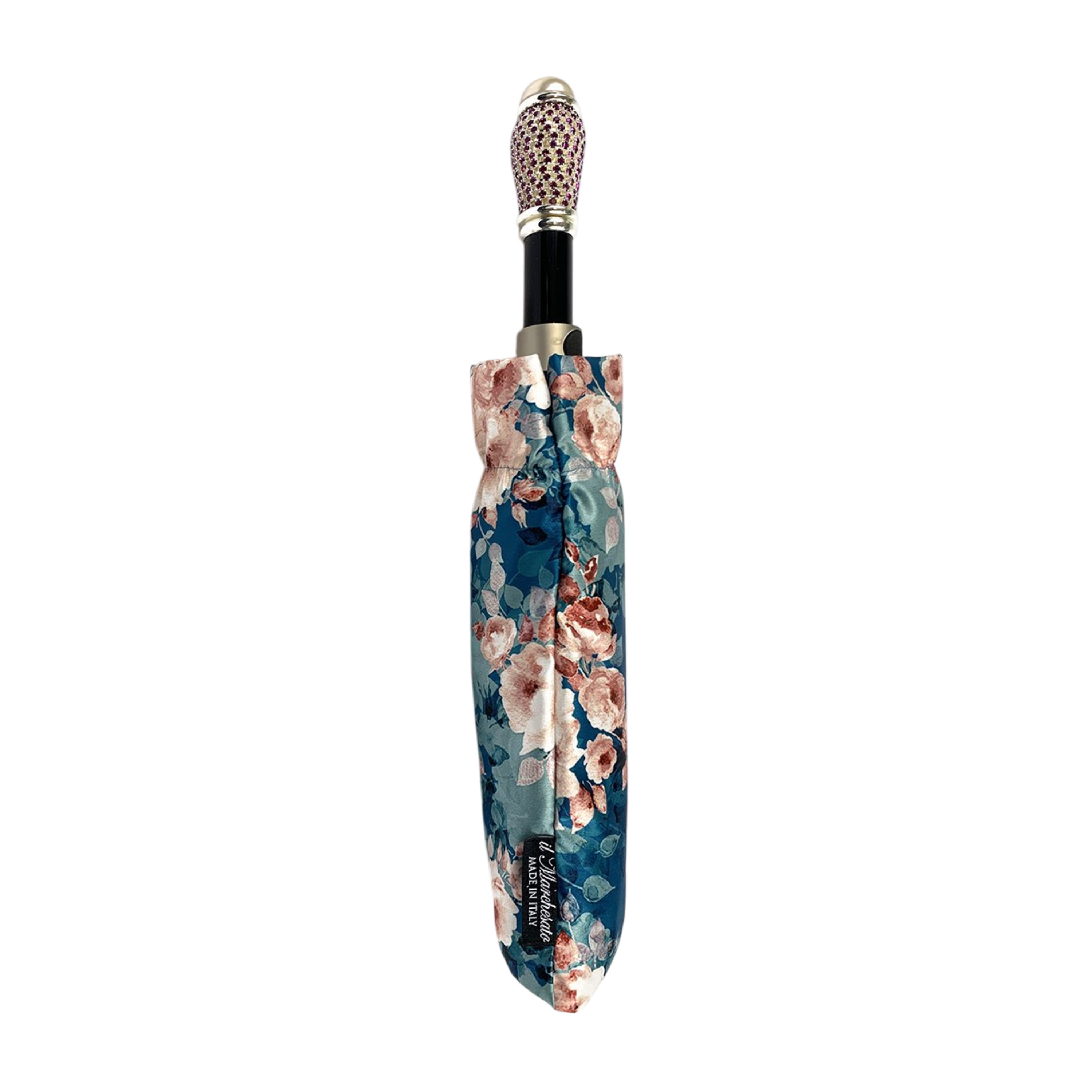 Elegant Women's Folding Umbrella – Floral Print with Jeweled Handle