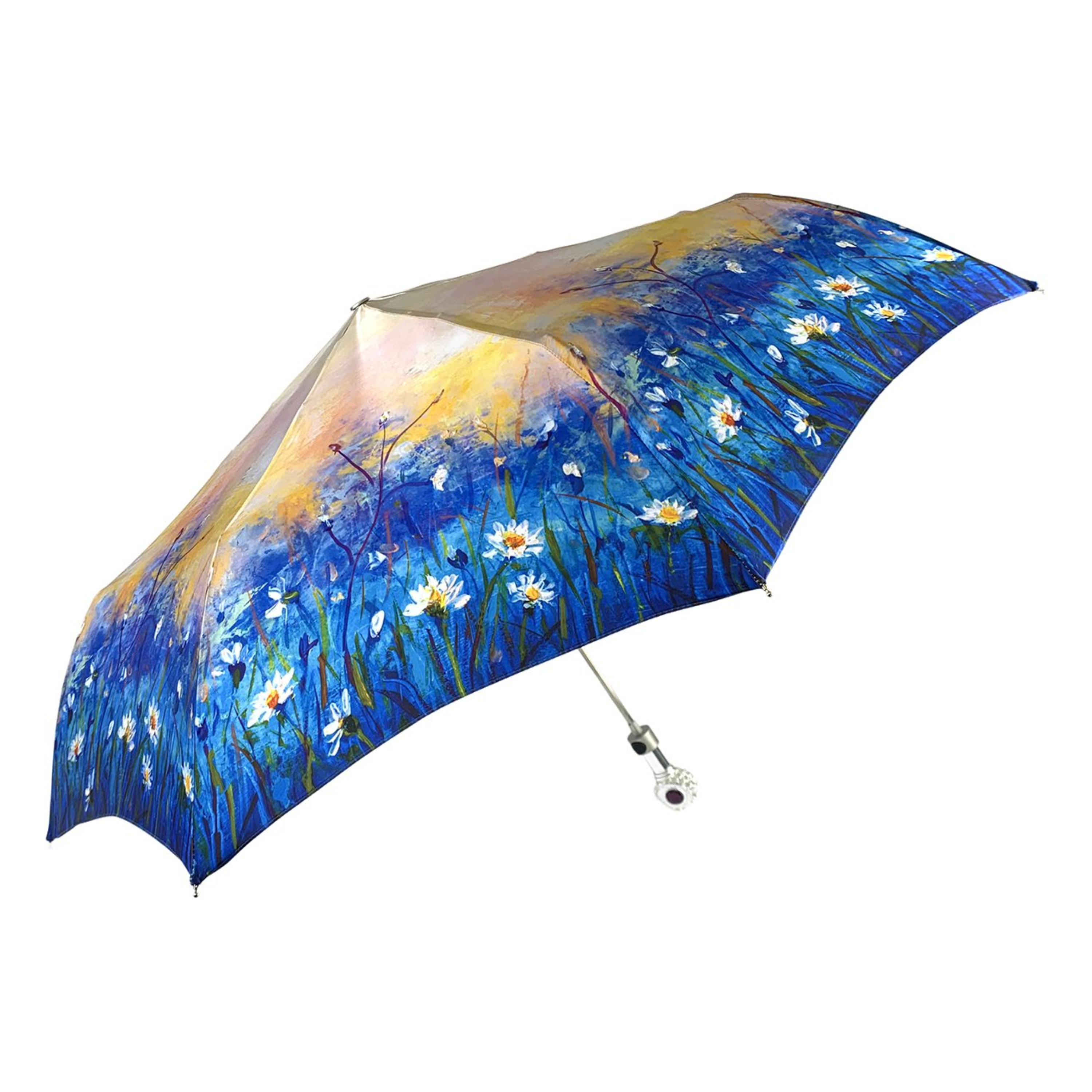 Silver-Plated Handle with Amethyst Daisies Folding Umbrella for Women