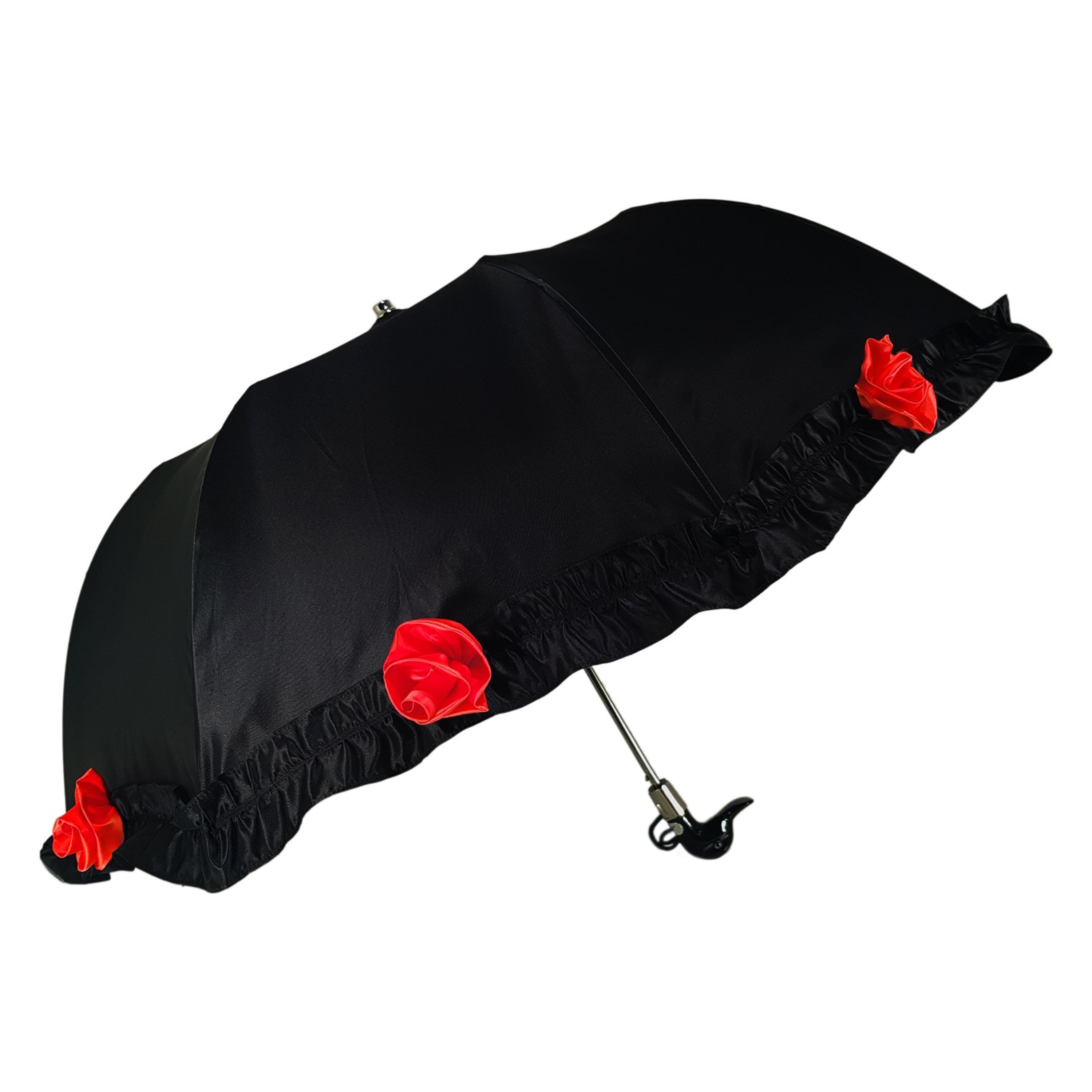 Frilly Black Folding Umbrella Parasol – Elegant and Handmade in Italy
