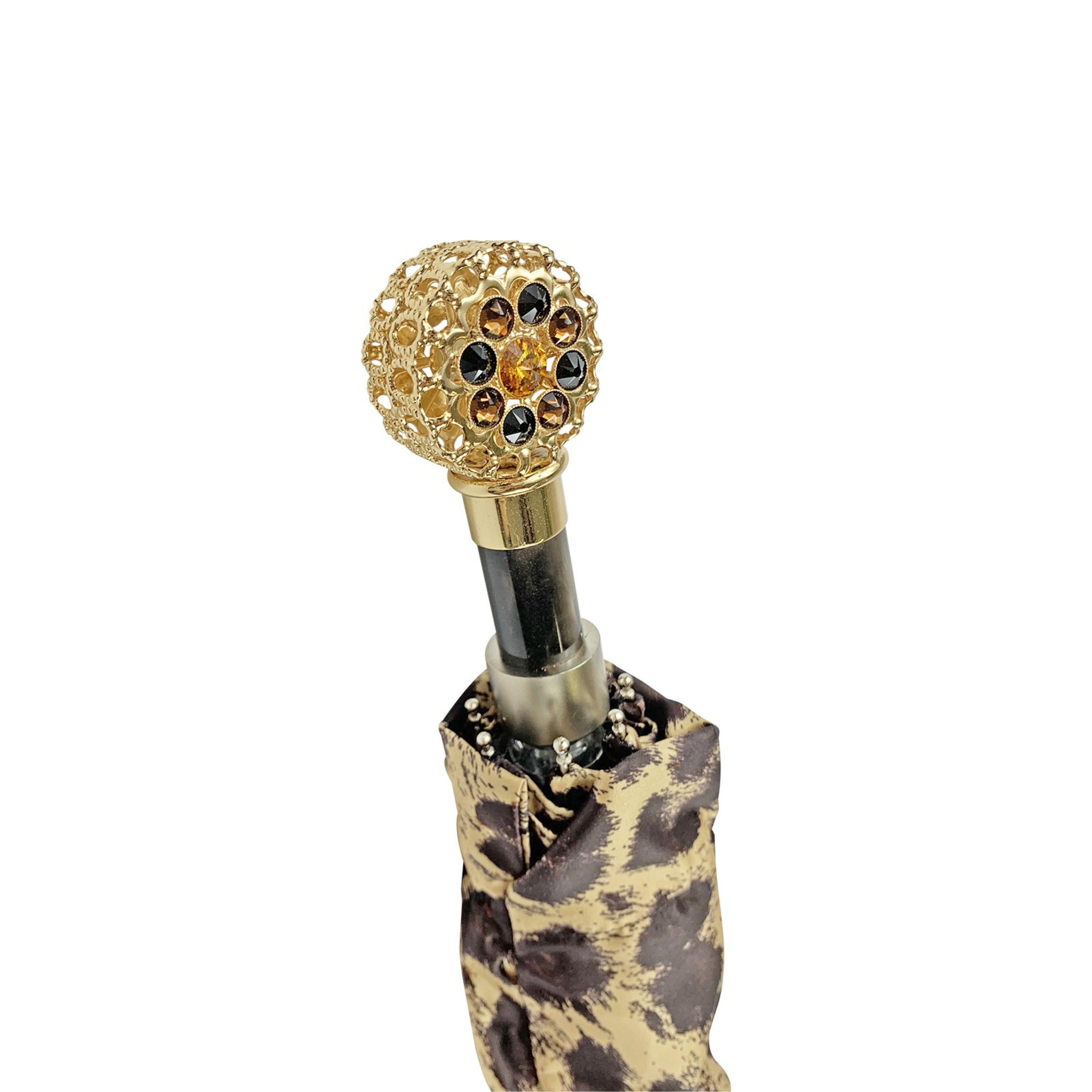 Leopard Folding Umbrella – Filigree Handle with Swarovski Crystals