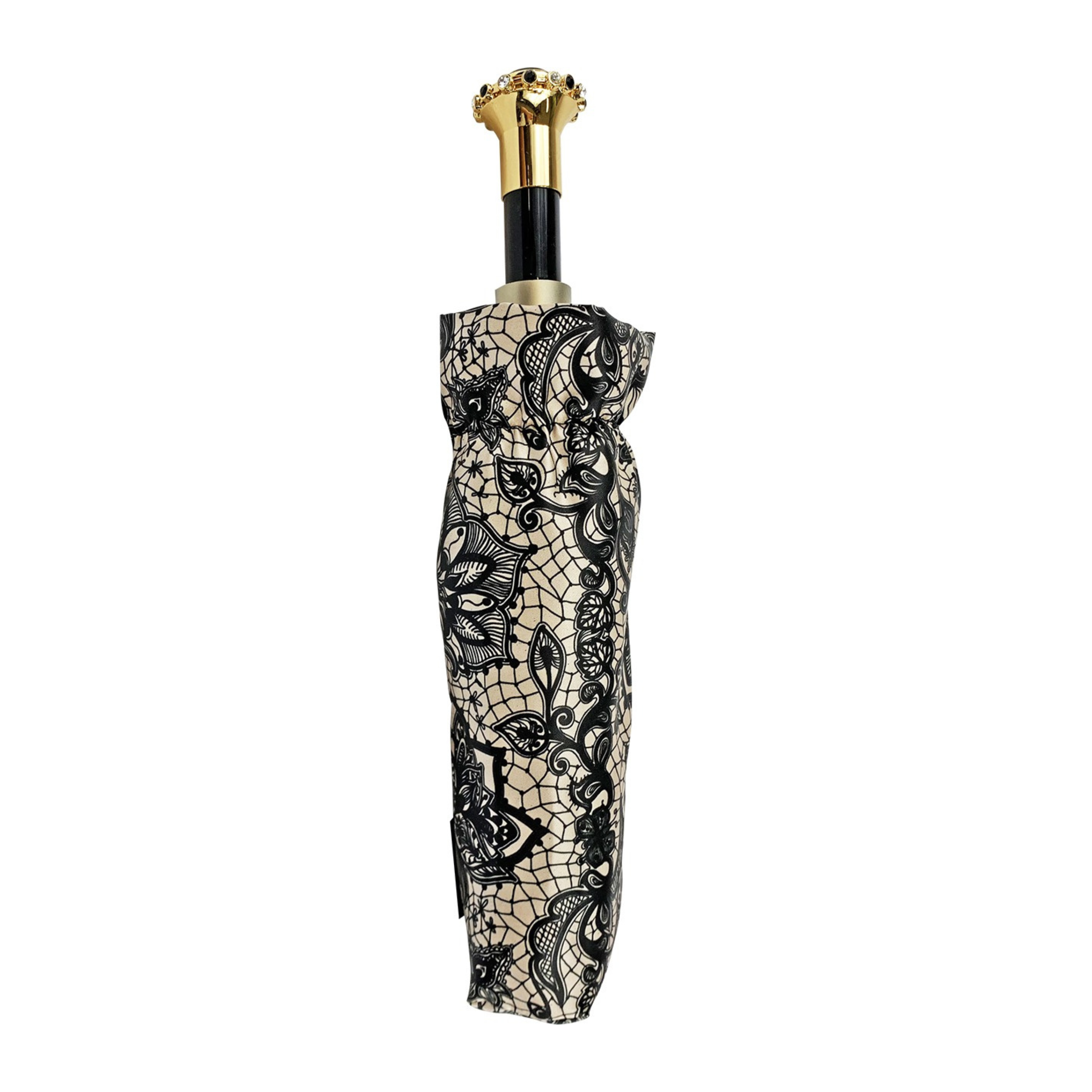 Elegant Swarovski and Black Stone Handle Lace-Effect Folding Umbrella
