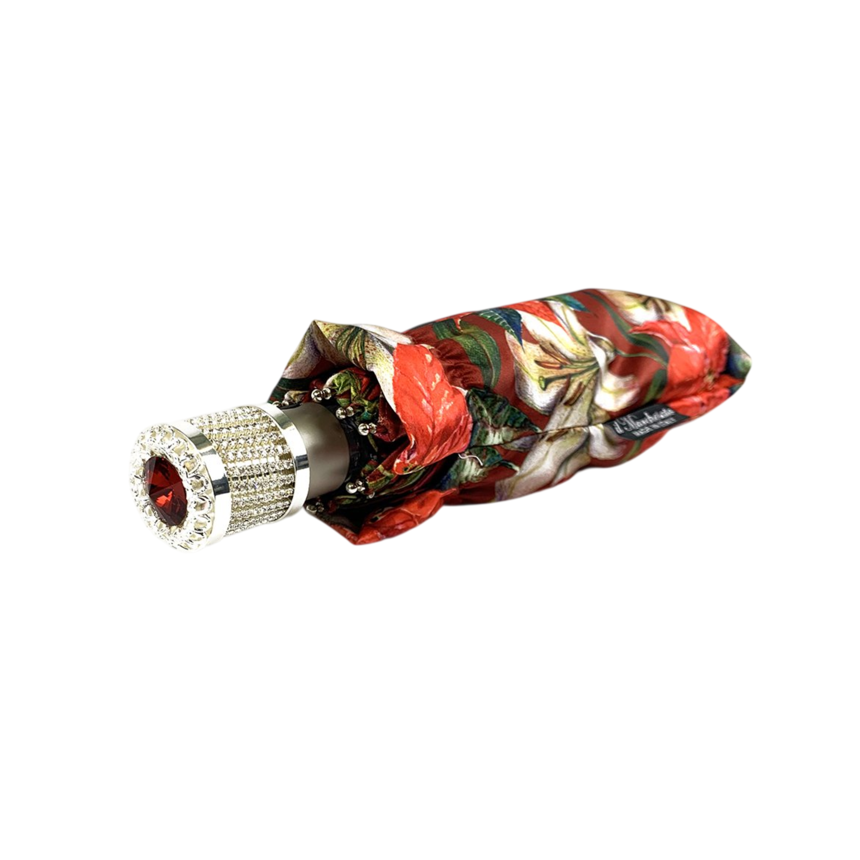Floral Folding Umbrella – Silver Jeweled Handle and Red Swarovski