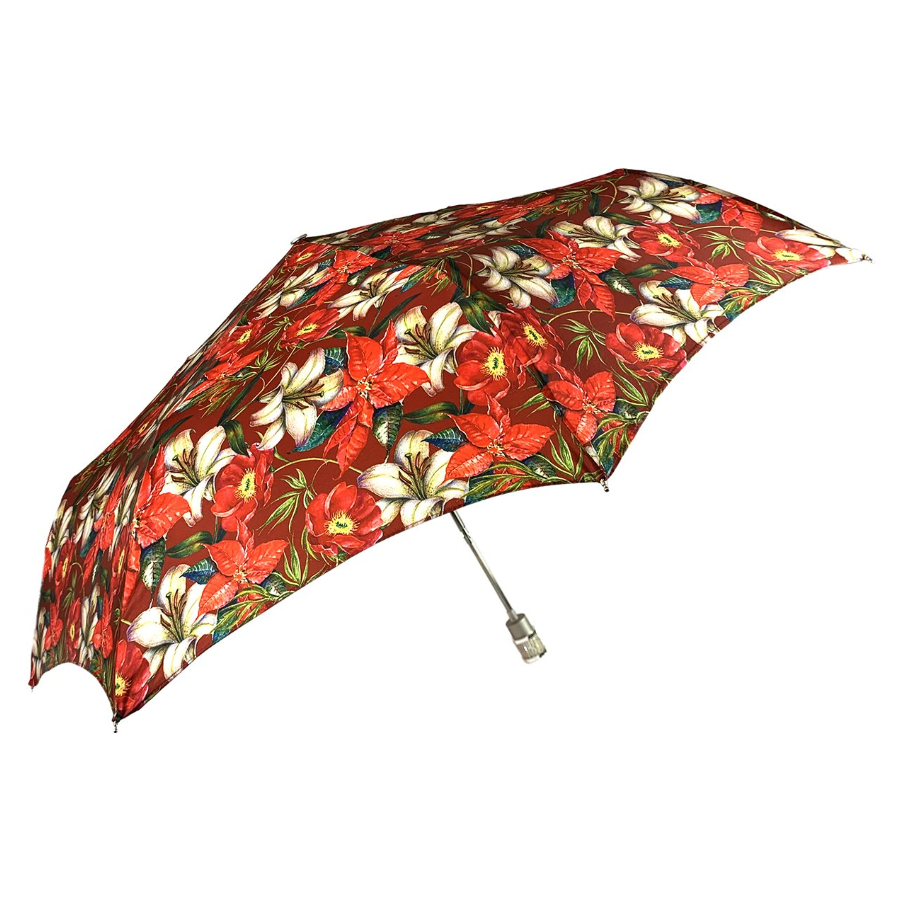 Floral Folding Umbrella – Silver Jeweled Handle and Red Swarovski