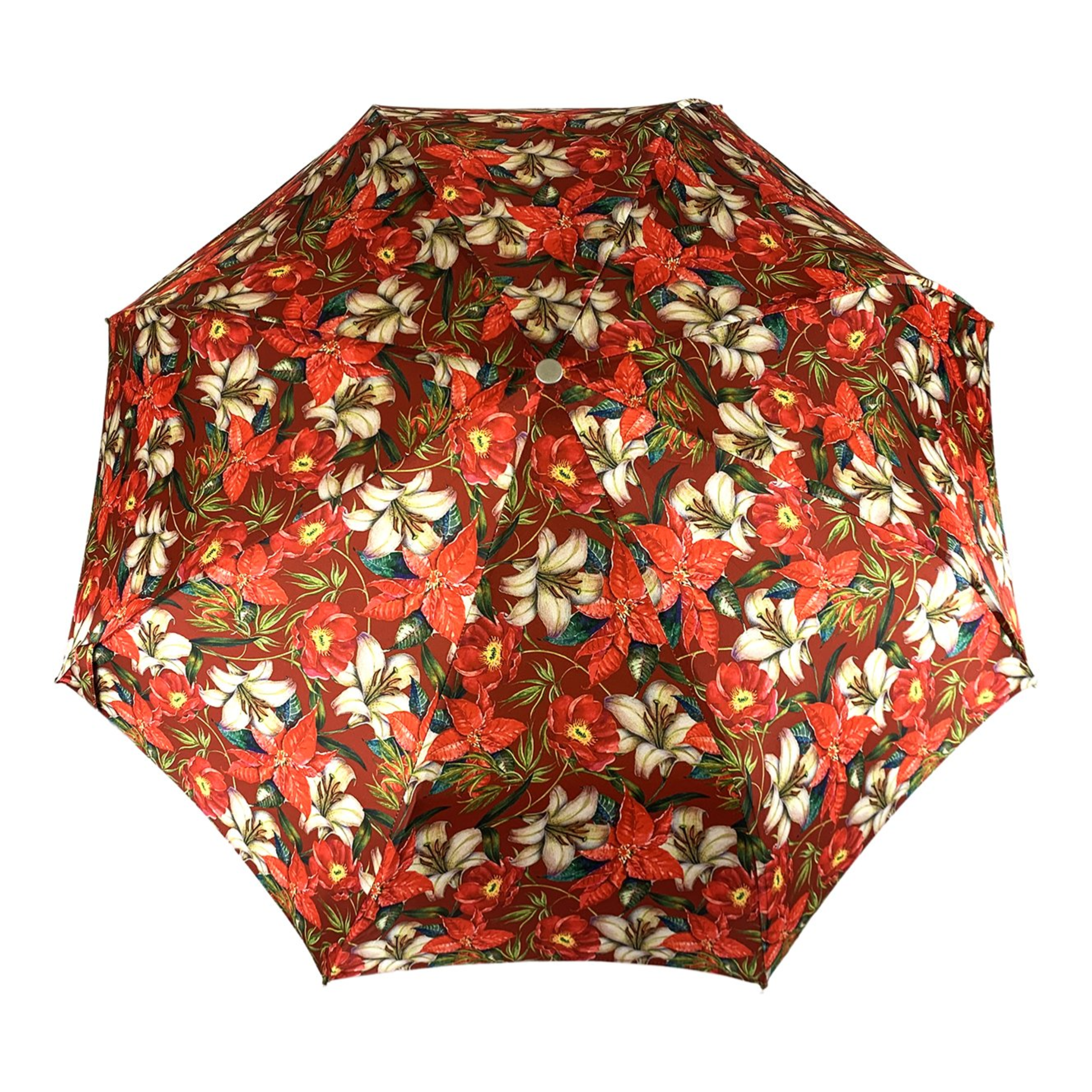 Floral Folding Umbrella – Silver Jeweled Handle and Red Swarovski
