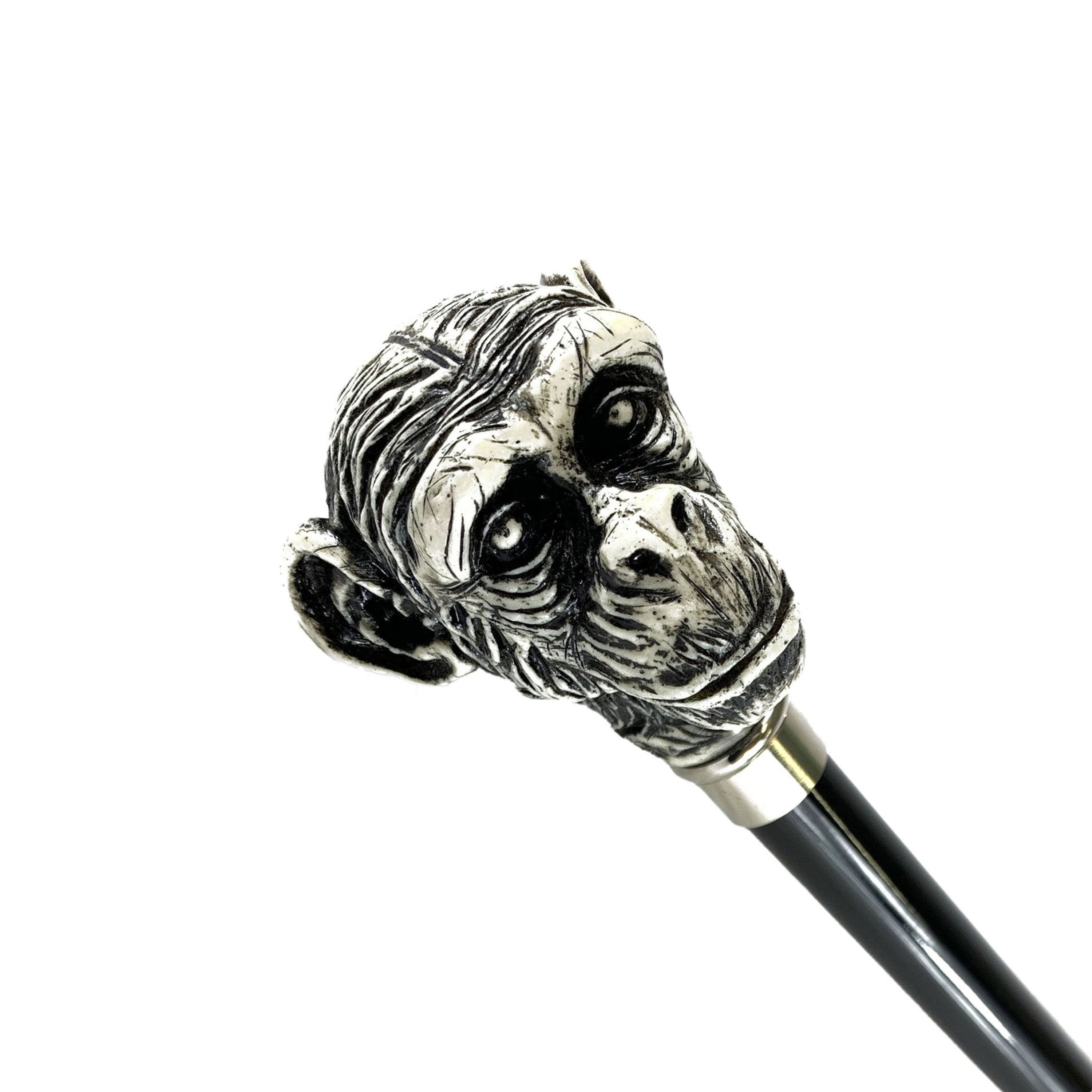 Unique Ivory-Lacquered Monkey Walking Stick – Silver-Plated Details