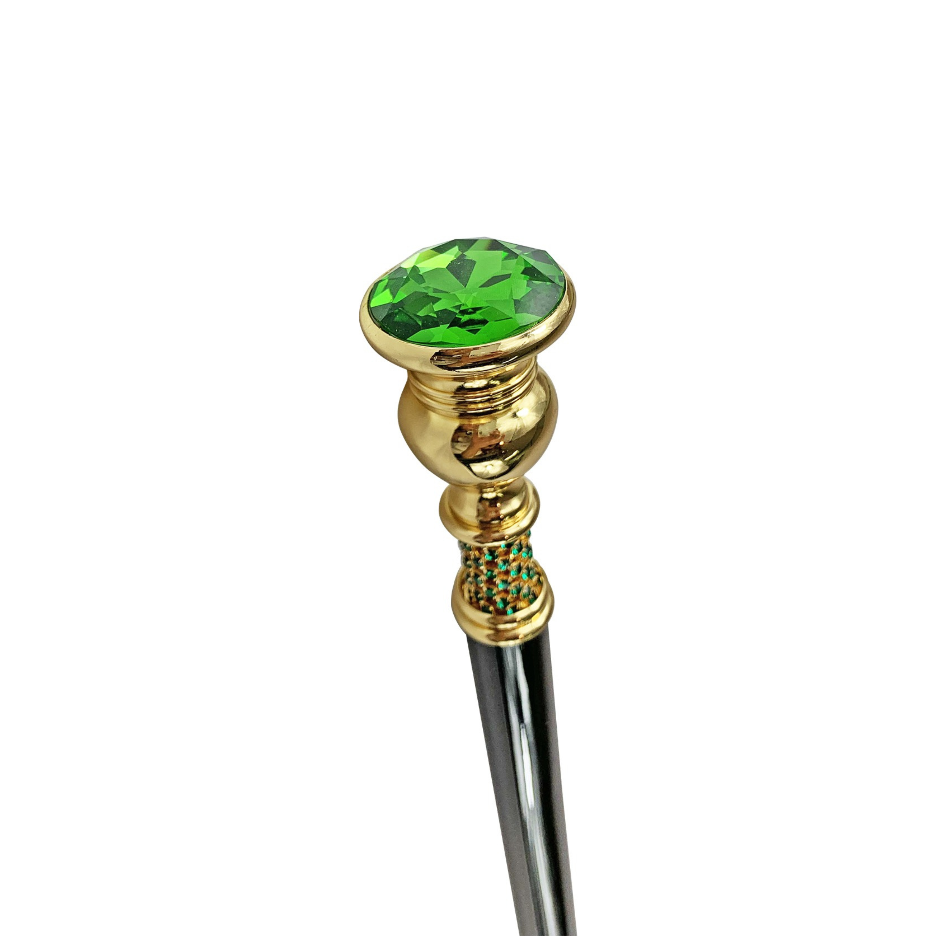 Walking Cane with Large Emerald Crystal – 24K Gold-Plated Handle