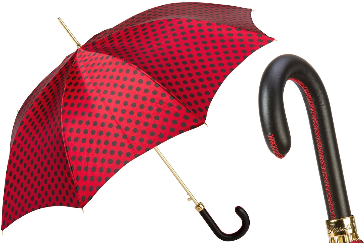 Red and Black Polka Dot Umbrella – Automatic, Leather Handle
