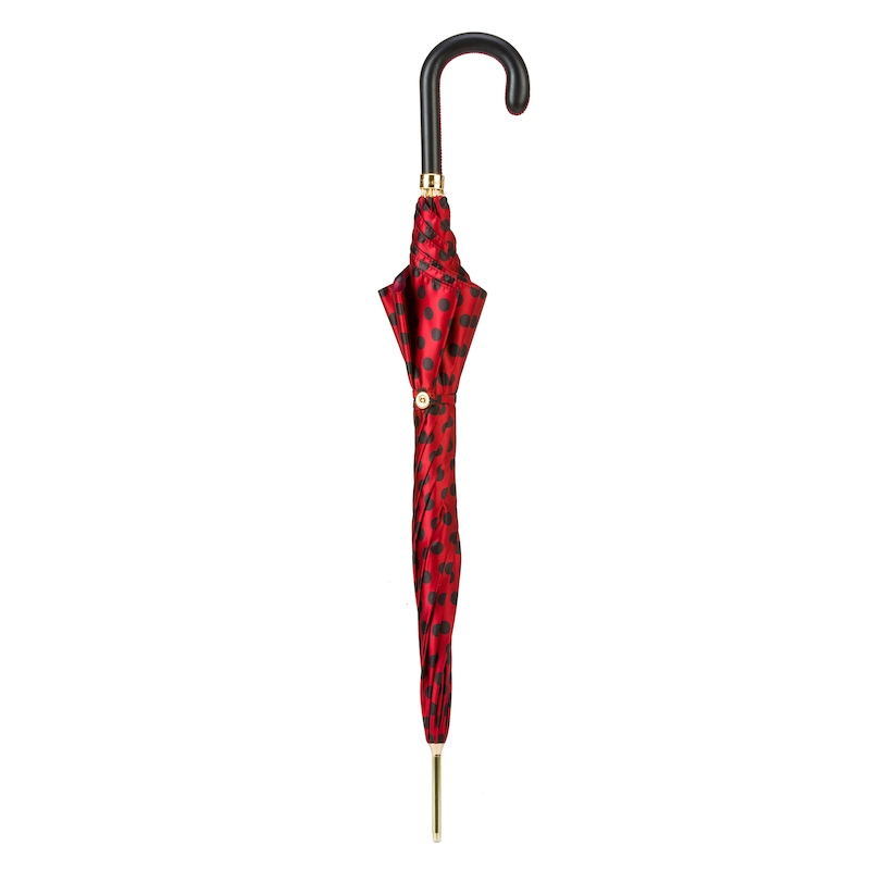 Red and Black Polka Dot Umbrella – Automatic, Leather Handle