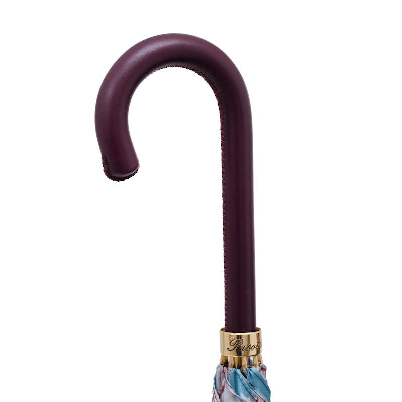 Flowered Umbrella with Burgundy Leather Handle – Handmade in Italy