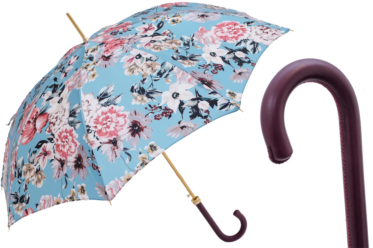 Flowered Umbrella with Burgundy Leather Handle – Handmade in Italy