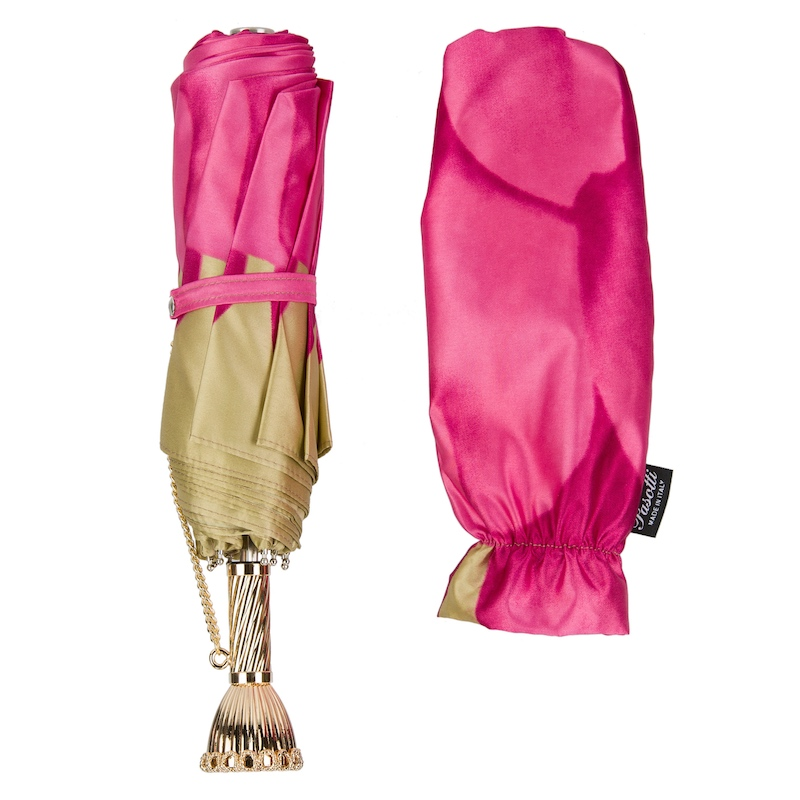 Chic Brass Handle Pink Dahlia Folding Umbrella – Manual Opening - Elegant Knives