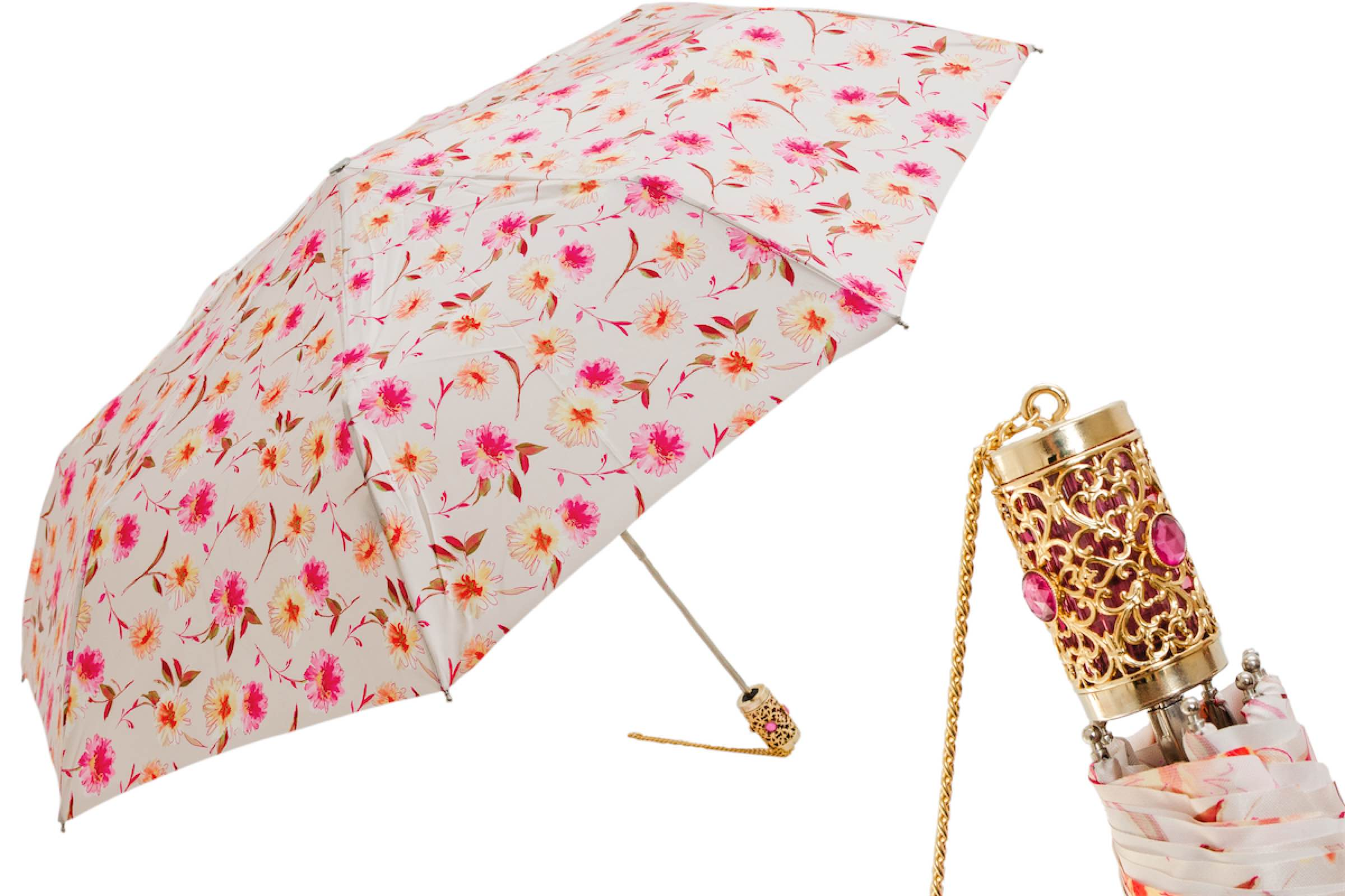 Handcrafted Flowered Design Folding Umbrella – Handmade in Italy