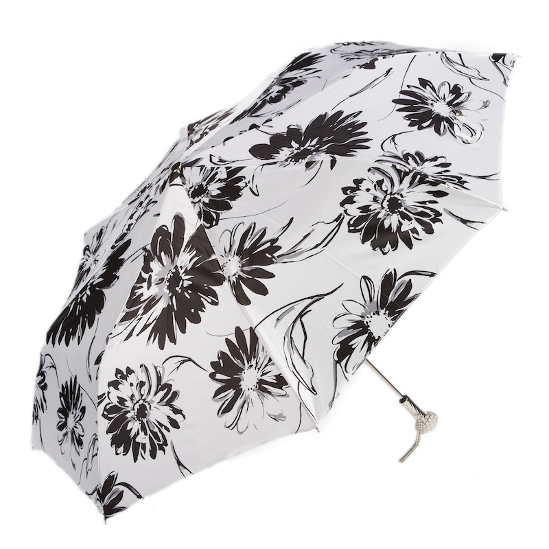 Chic Black and White Flowered Folding Umbrella – Handmade in Italy