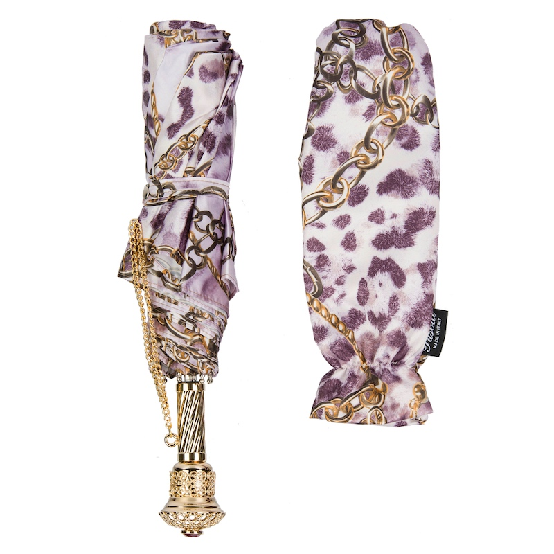 Elegant Animalier and Chains Print Folding Umbrella – Handmade in Italy
