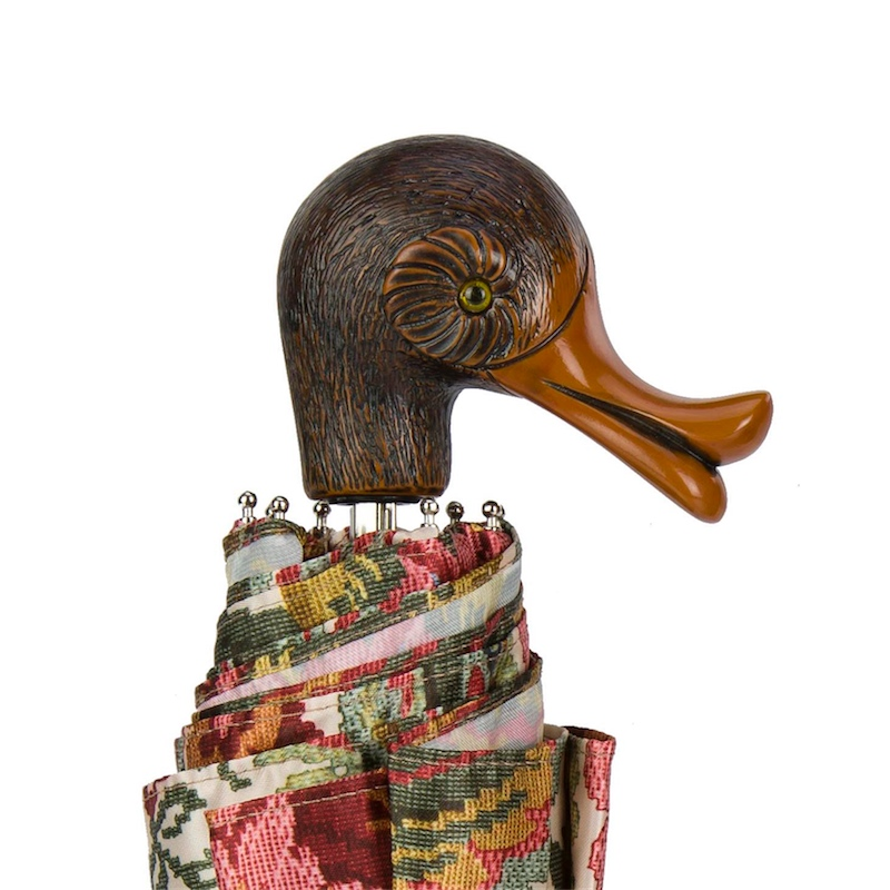 Flowered Design Folding Umbrella with Duck Handle – Handmade in Italy