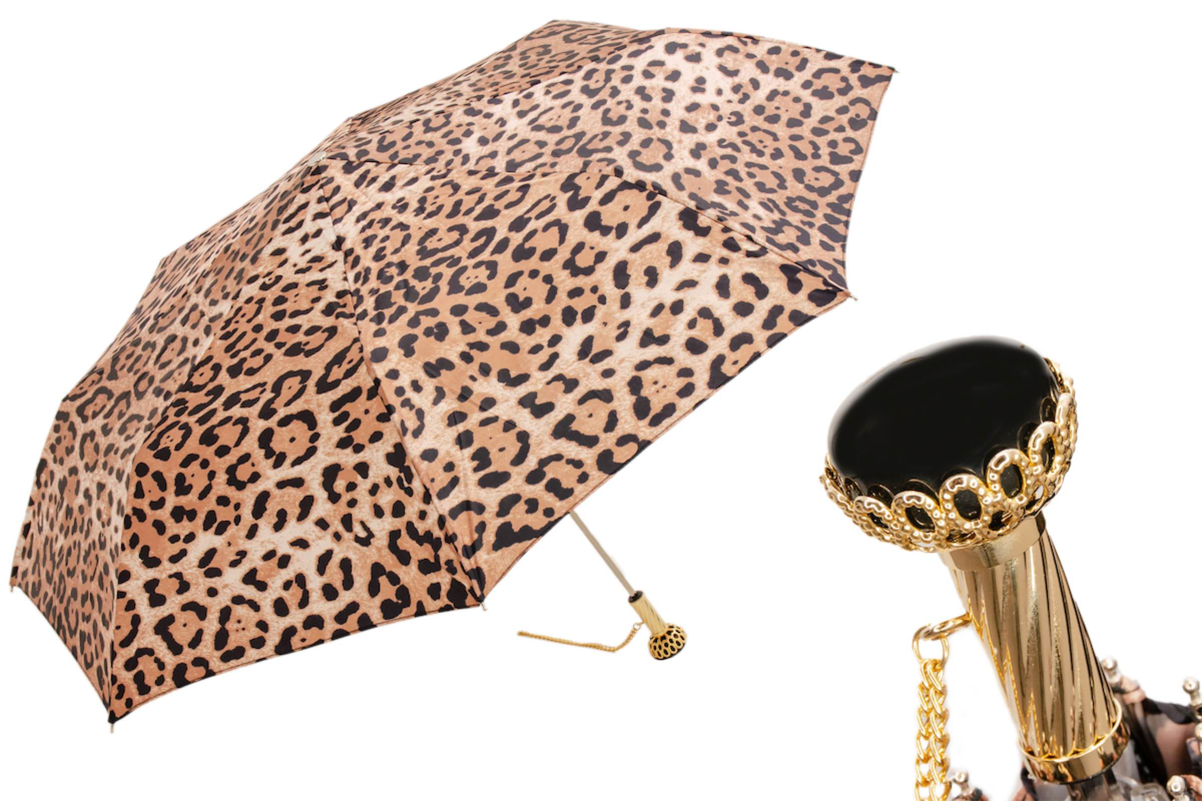 Jeweled Brass Handle Animalier Folding Umbrella – Manual Opening