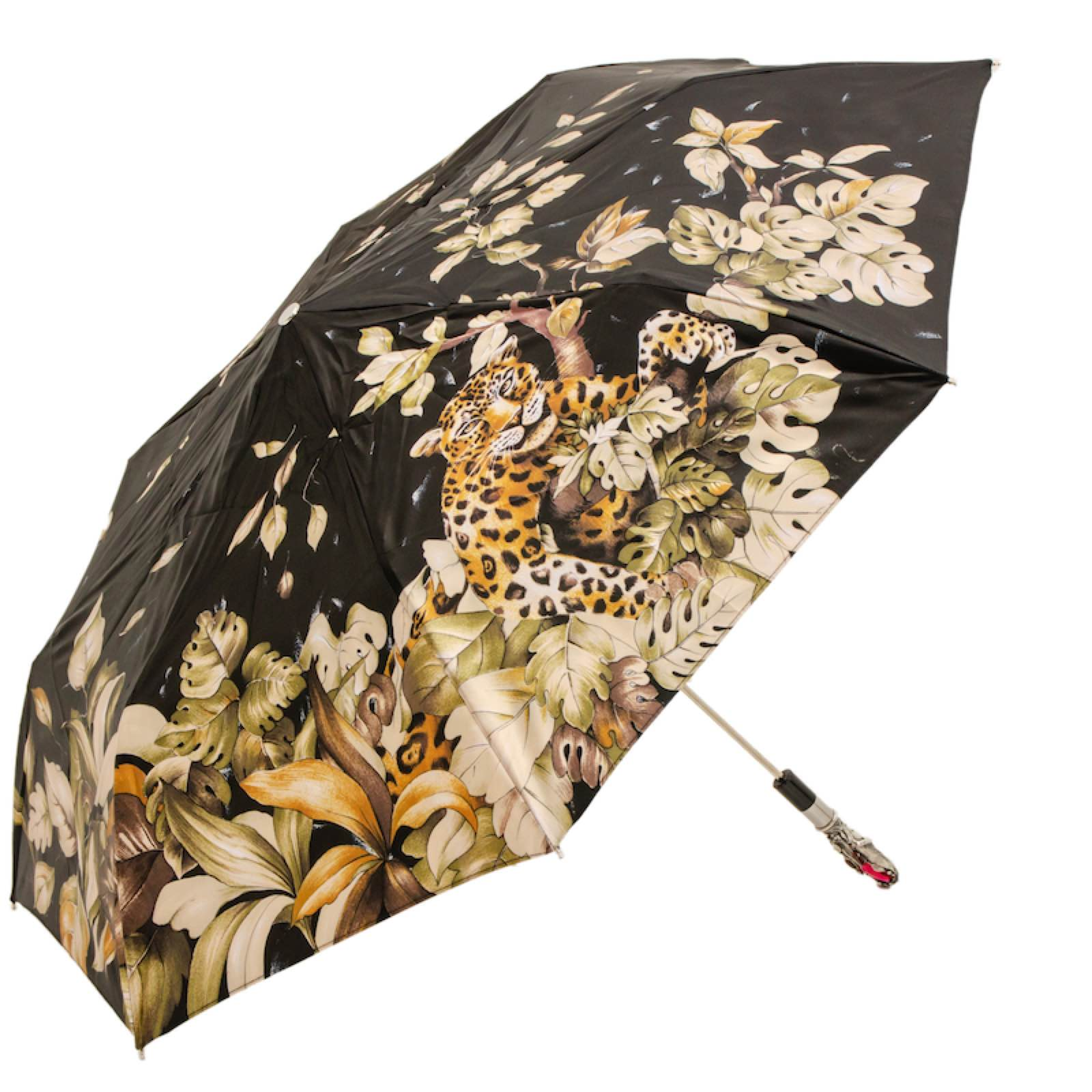 Leopard Folding Umbrella with Red Gem and Crystals – Handmade in Italy