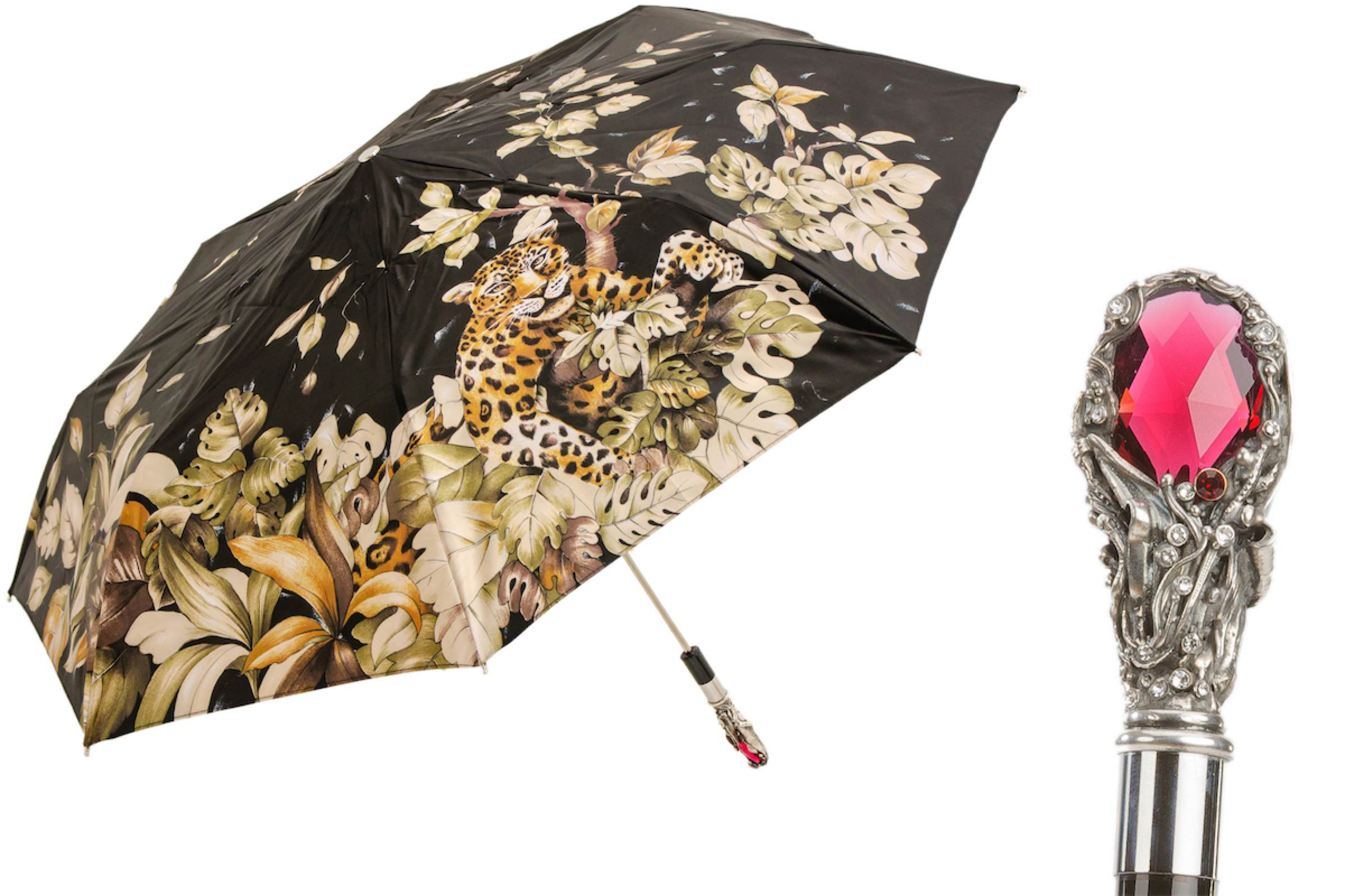 Leopard Folding Umbrella with Red Gem and Crystals – Handmade in Italy
