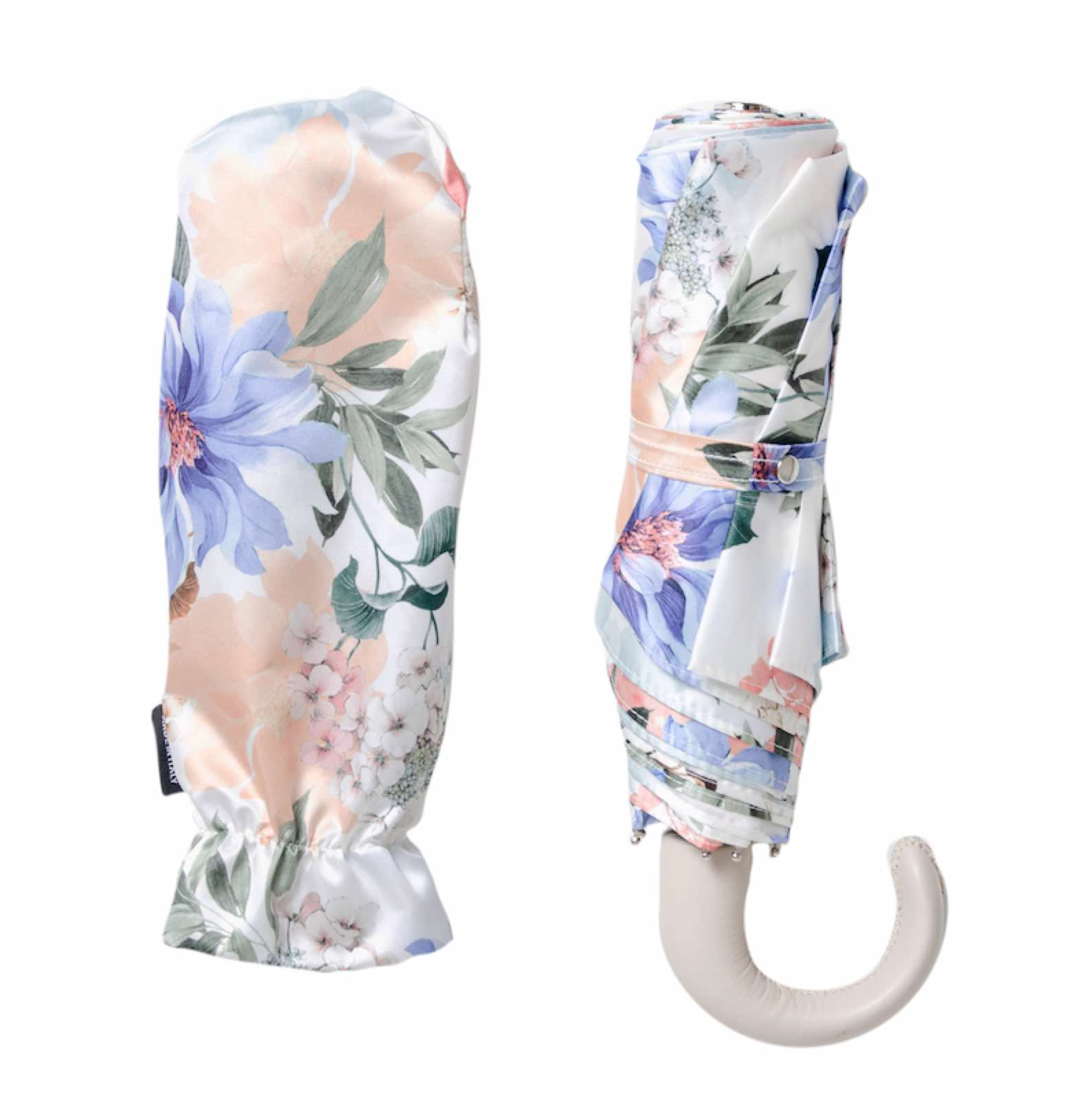 Leather Handle Folding Manual Opening Umbrella with Floral Design