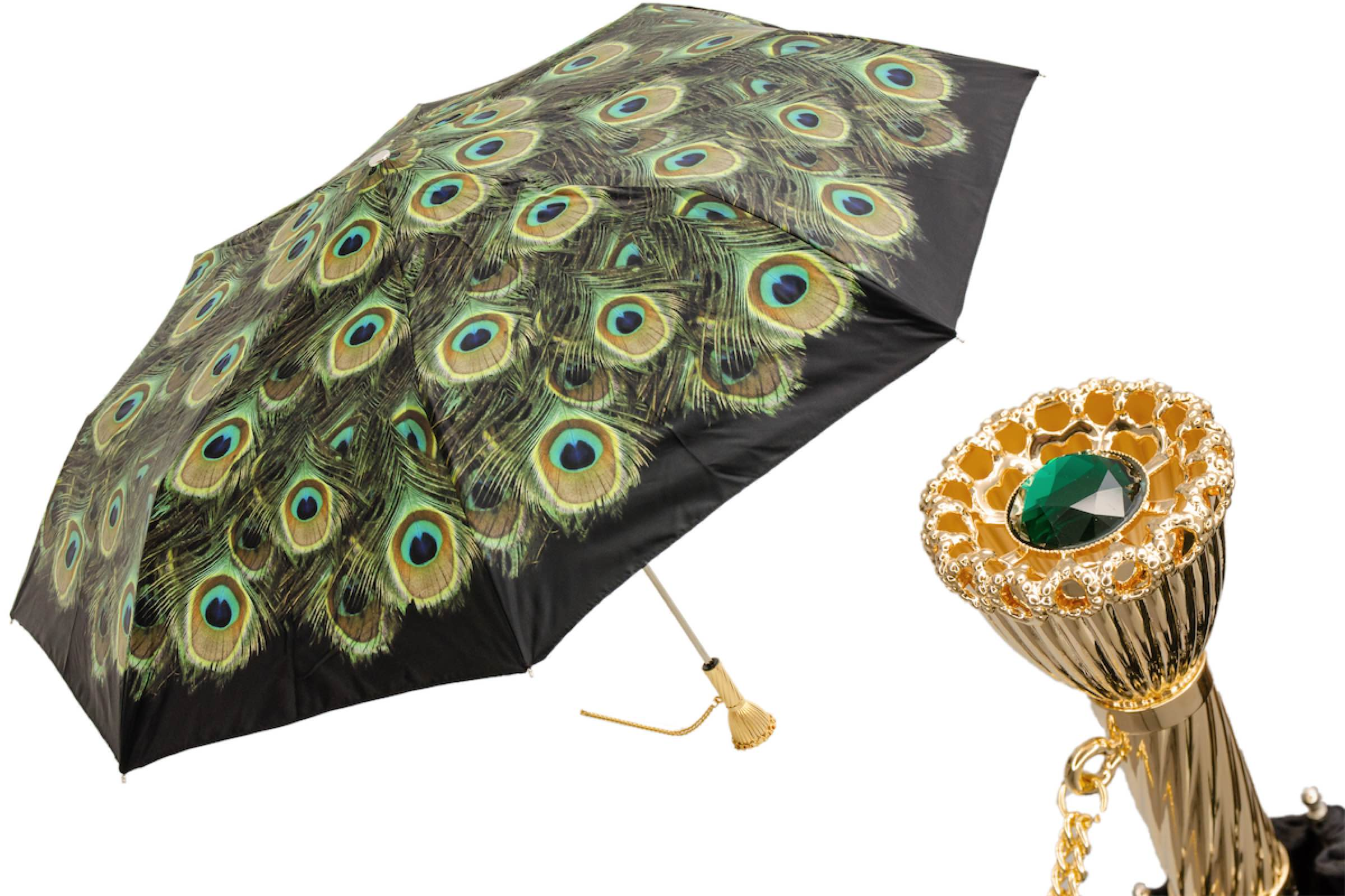 Handmade Brass Handle Peacock Folding Manual Opening Umbrella