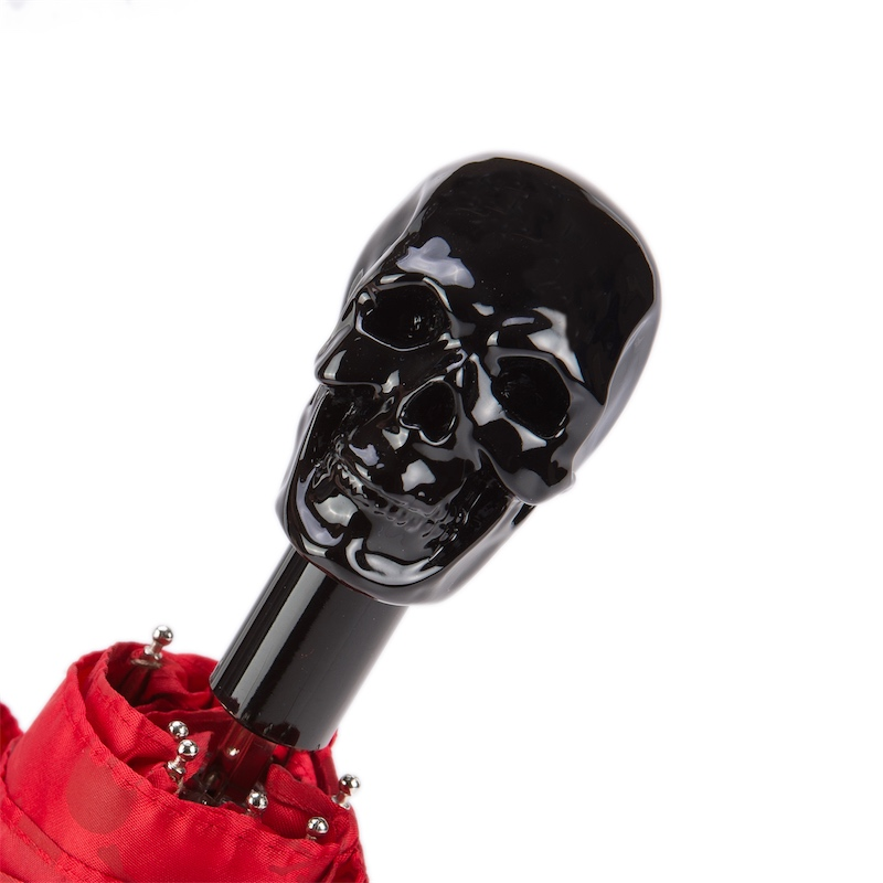 Red Folding Umbrella with Black Skull Handle – Handmade in Italy