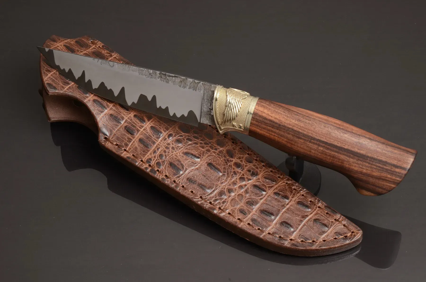 Blue Custom Knife S390 Core, Ironwood Handle, Leather Sheath
