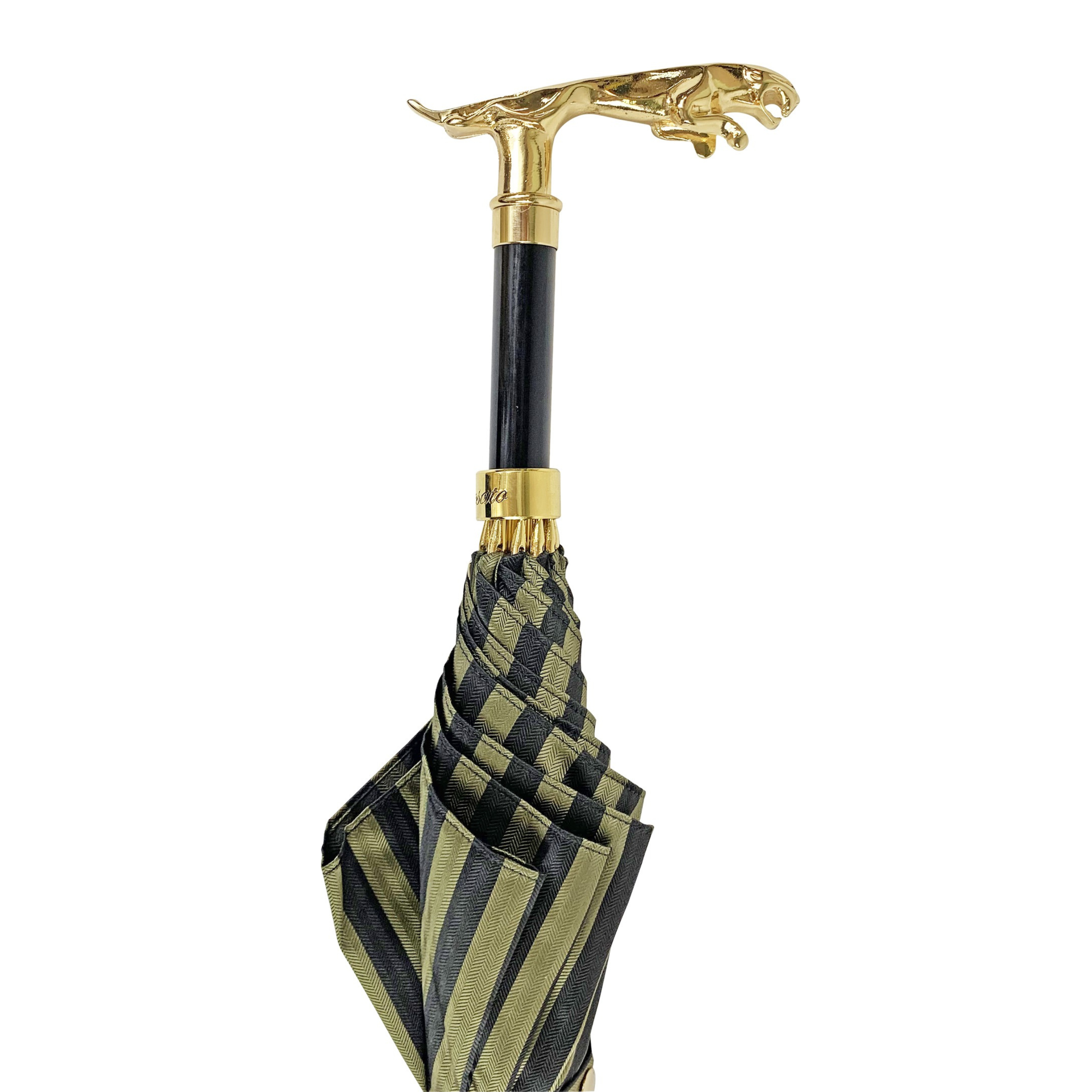 Premium Black Pinstripe Umbrella for Men with 24K Gold Jaguar Handle
