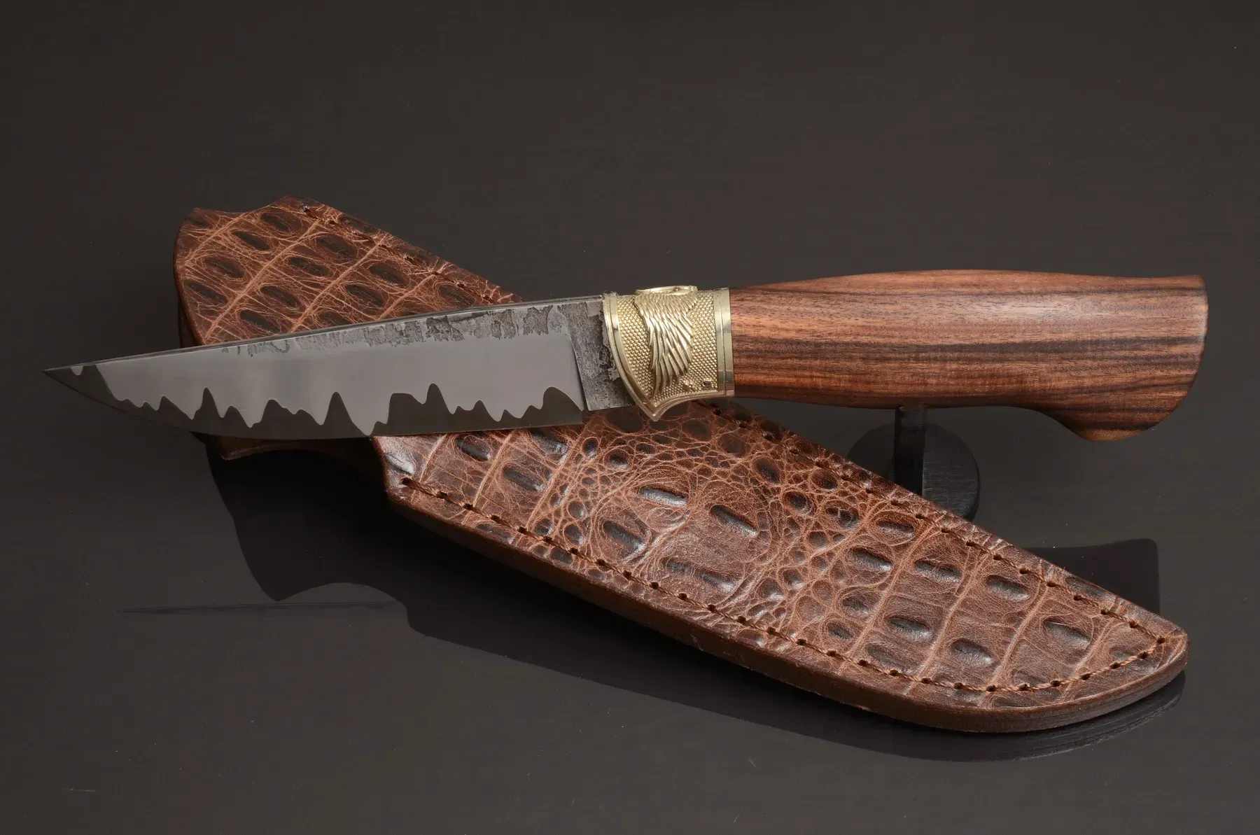 Blue Custom Knife S390 Core, Ironwood Handle, Leather Sheath