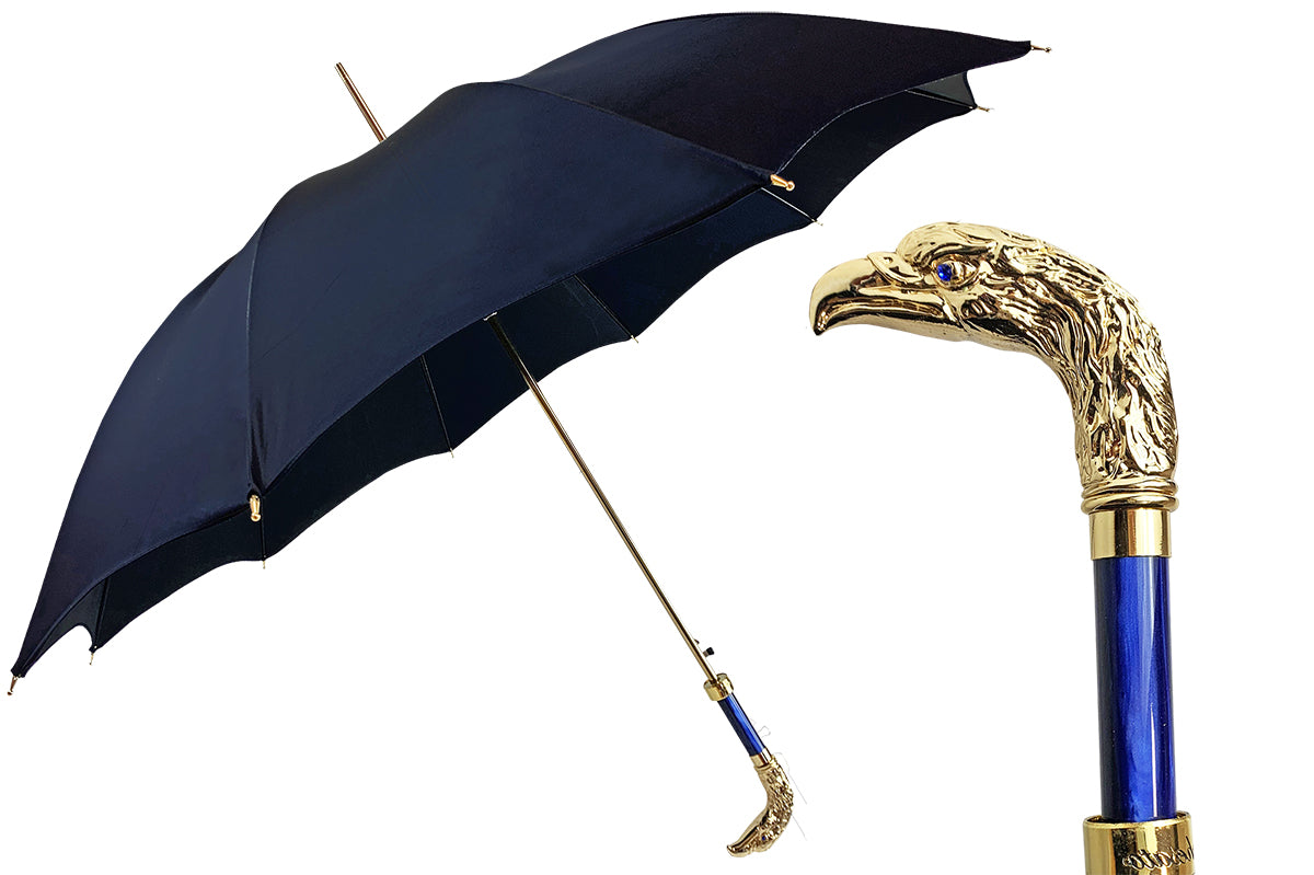 Majestic Blue Gentleman’s Umbrella Featuring a 24K Gold Eagle Handle