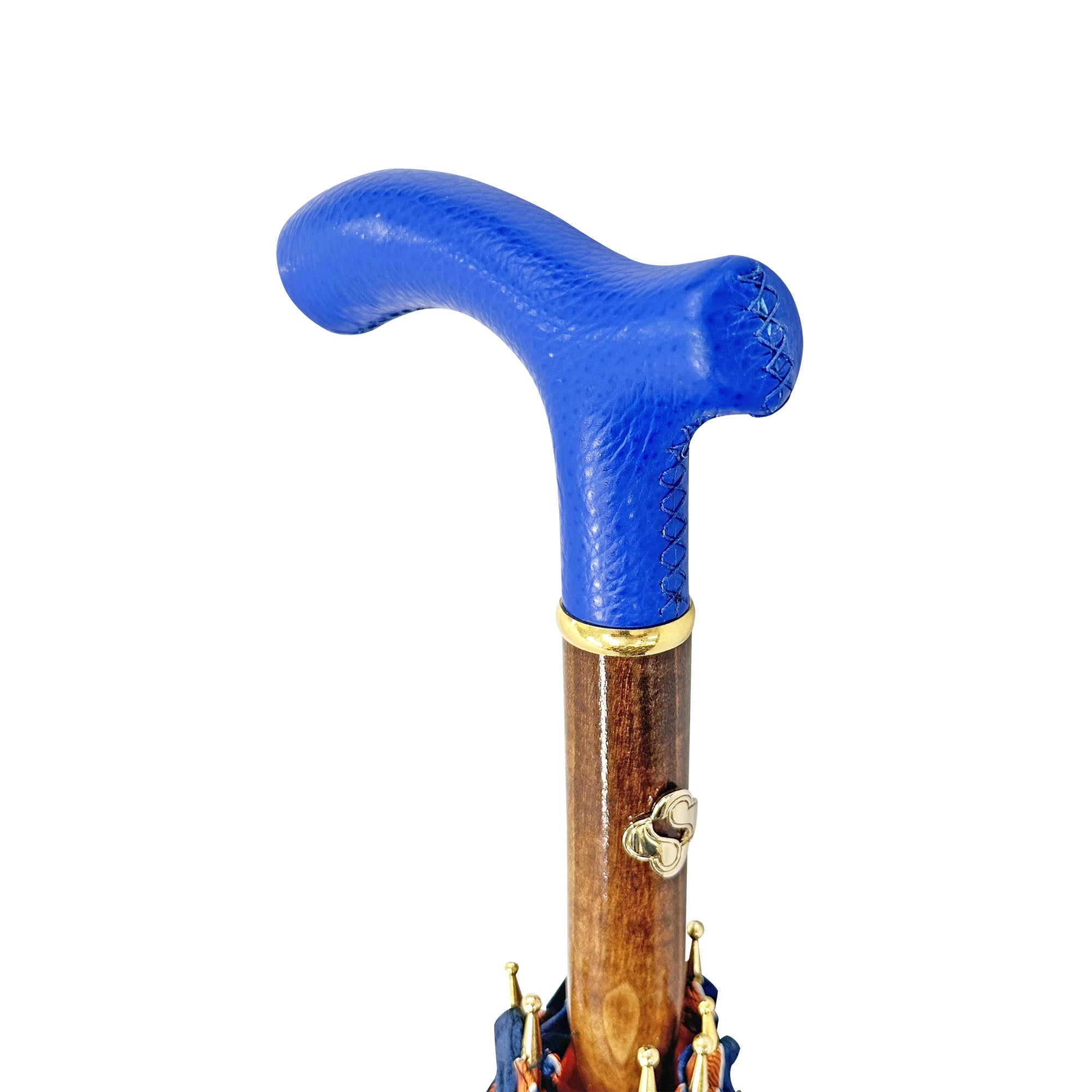 Vibrant Orange Striped Umbrella with Handcrafted Blue Leather Handle