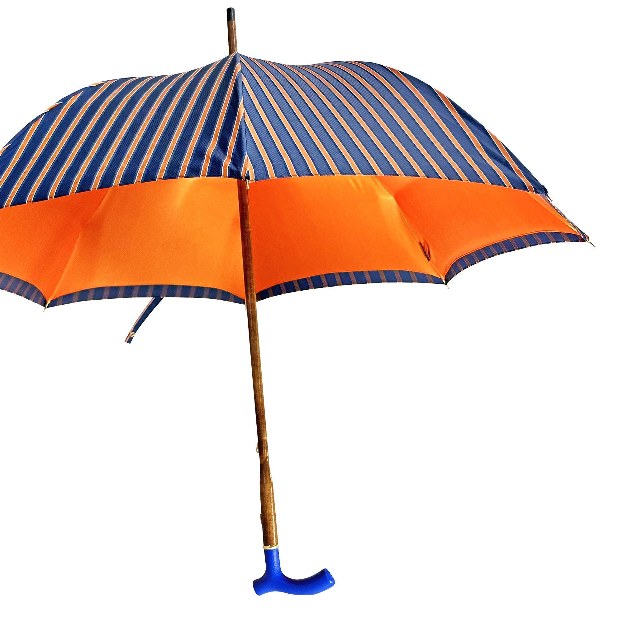 Vibrant Orange Striped Umbrella with Handcrafted Blue Leather Handle
