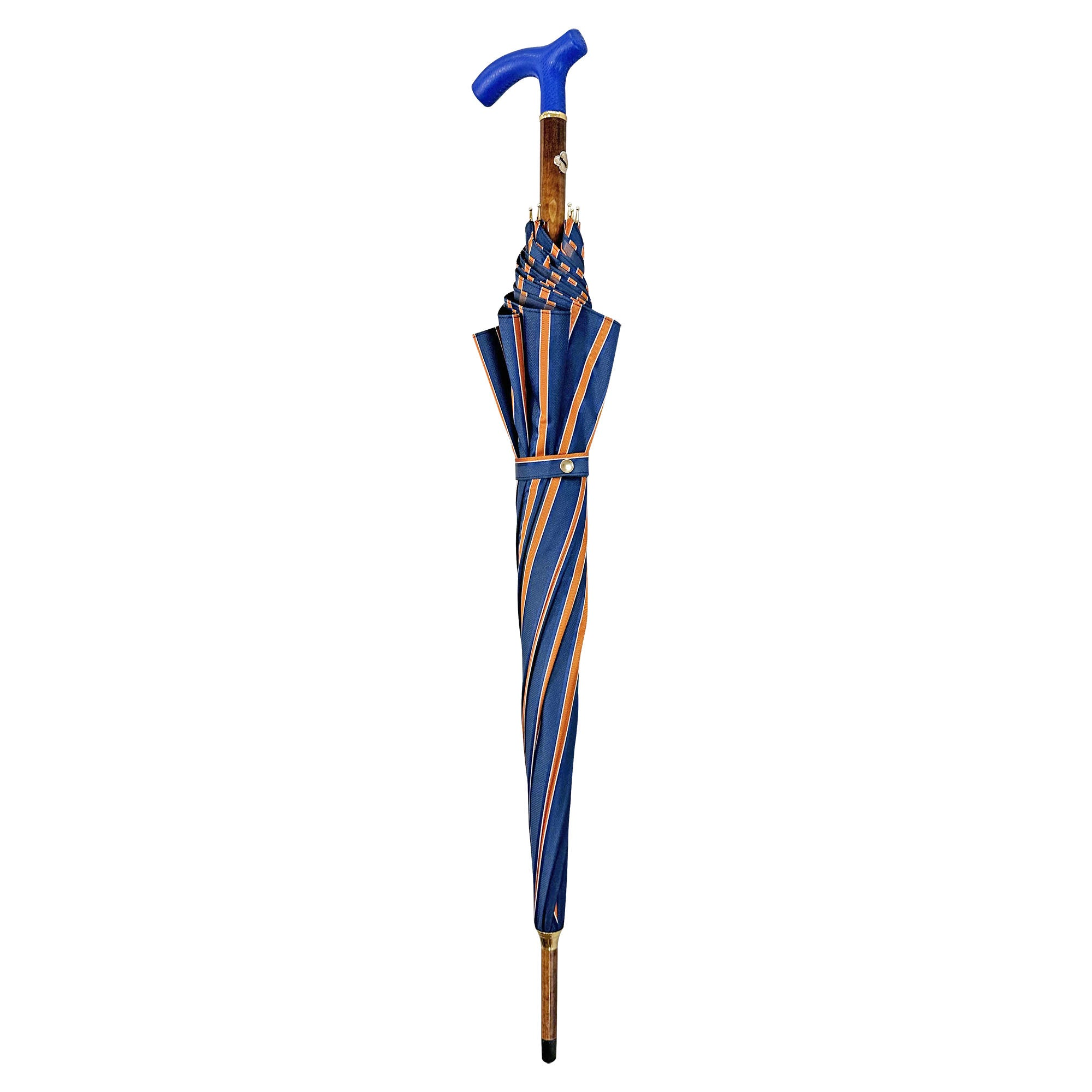 Vibrant Orange Striped Umbrella with Handcrafted Blue Leather Handle