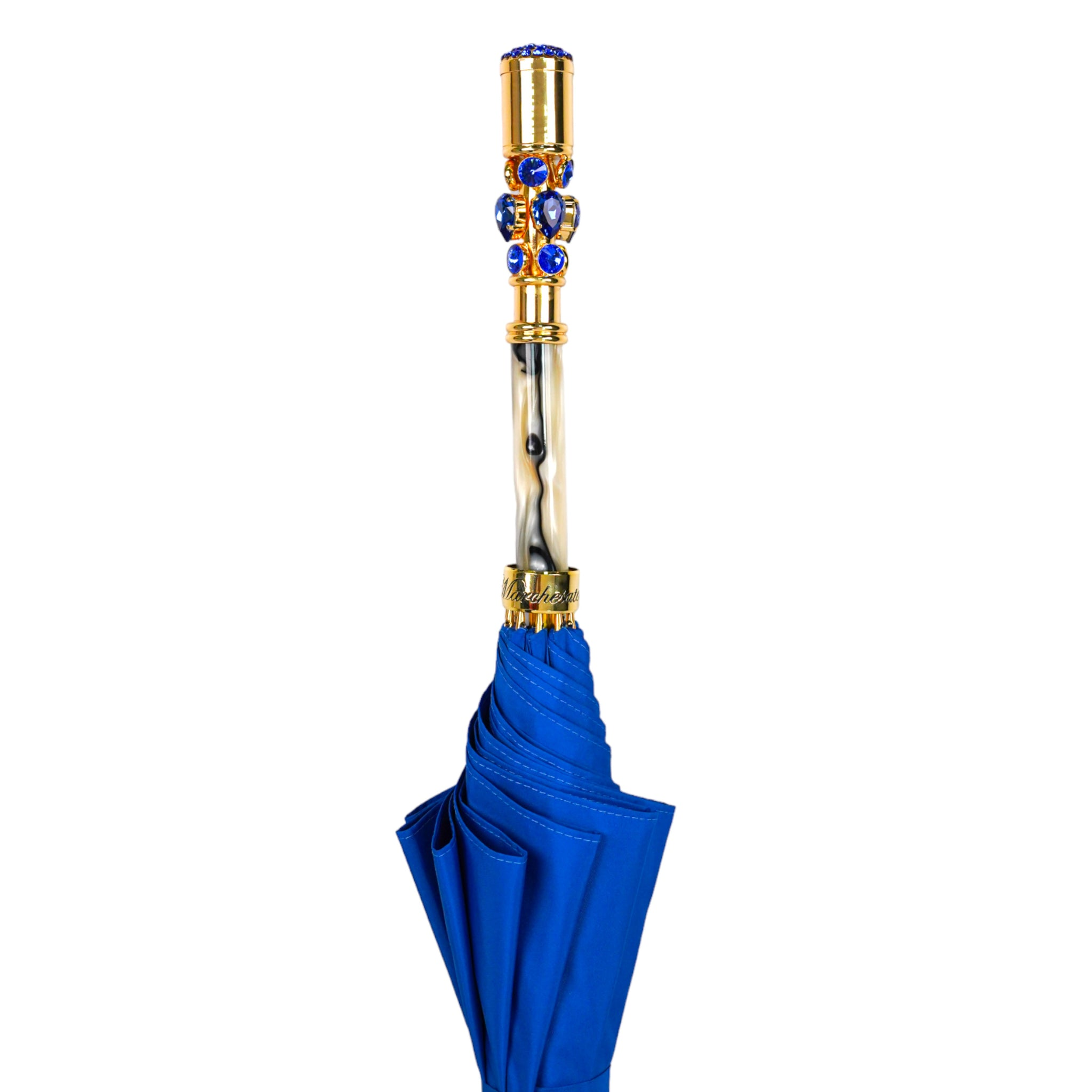 Electric Blue Luxury Umbrella with Radiant 24K Crystal Handle