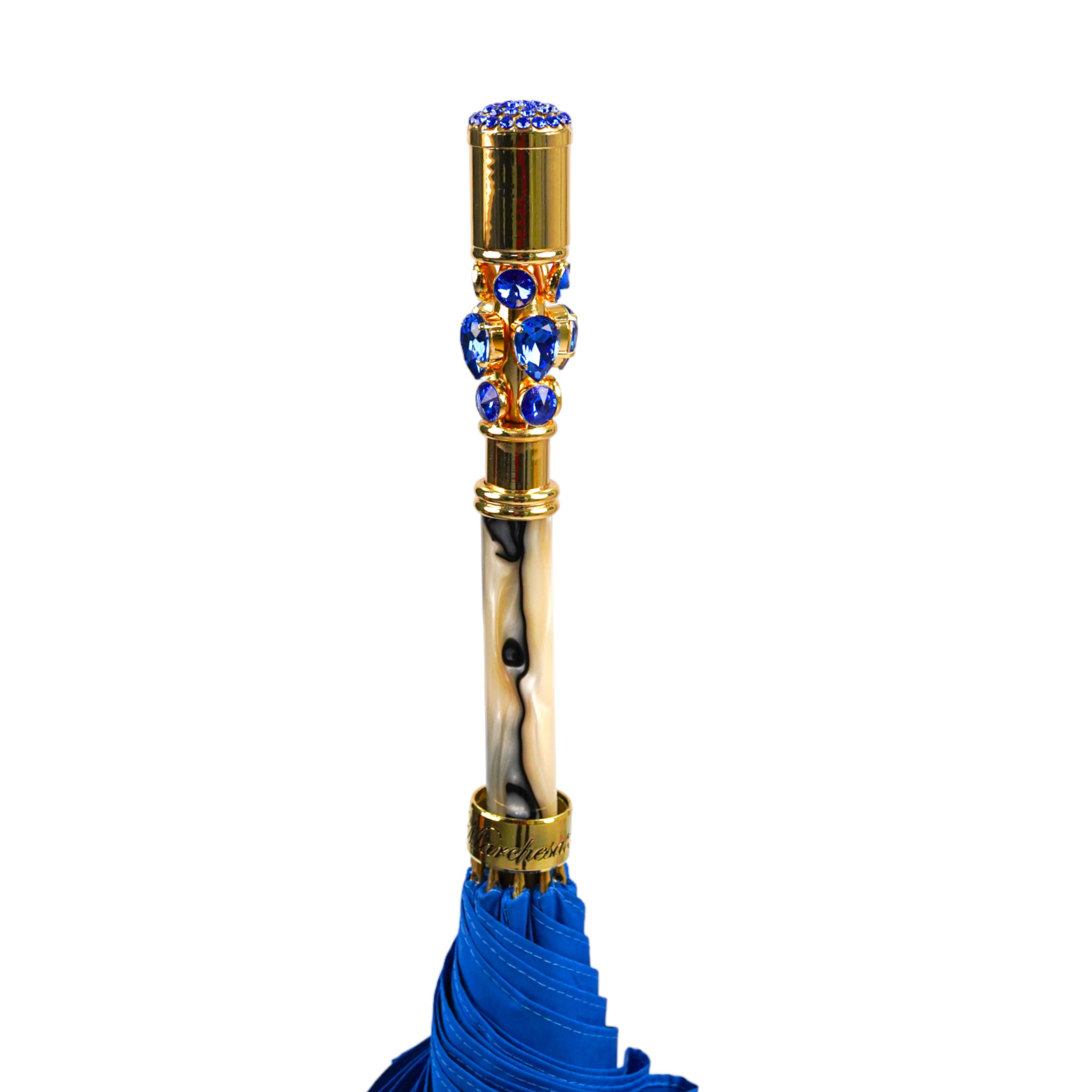 Electric Blue Luxury Umbrella with Radiant 24K Crystal Handle