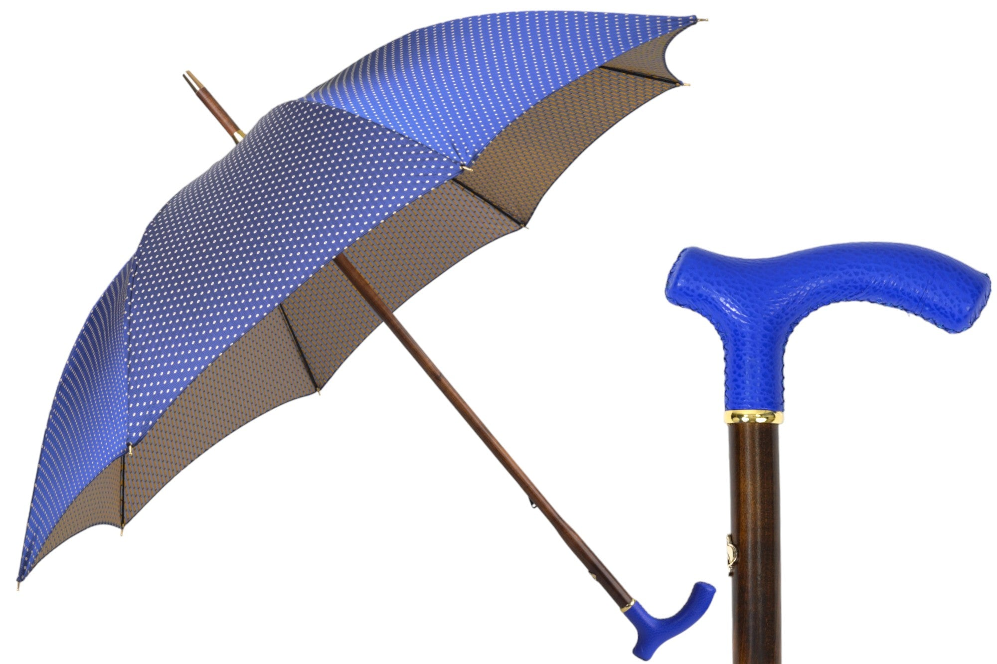 Elegant Designer Umbrella with Blue Leather Handle and Beechwood Shaft