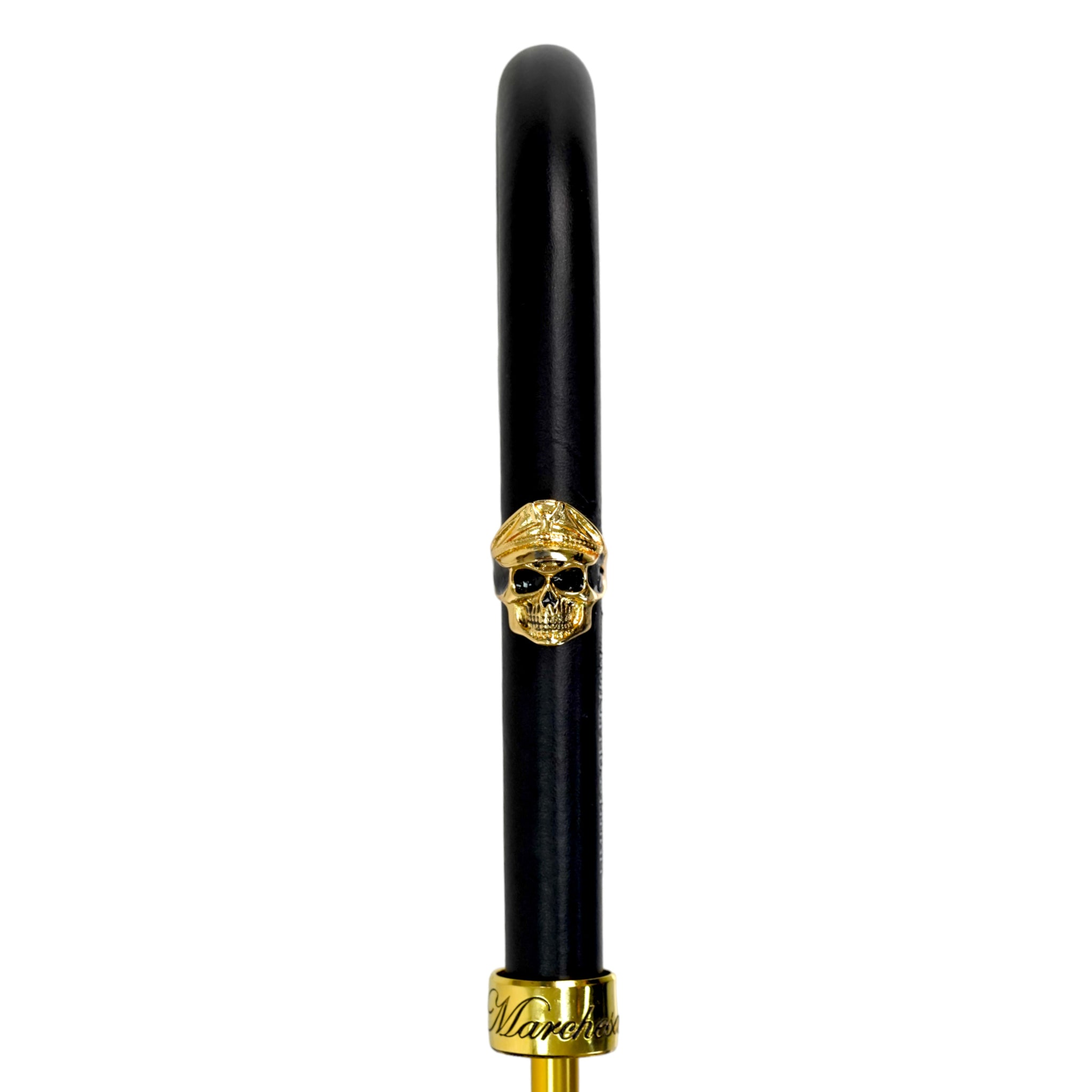 Leather Handle 24K Skull Detail Black and Gold Damask Umbrella