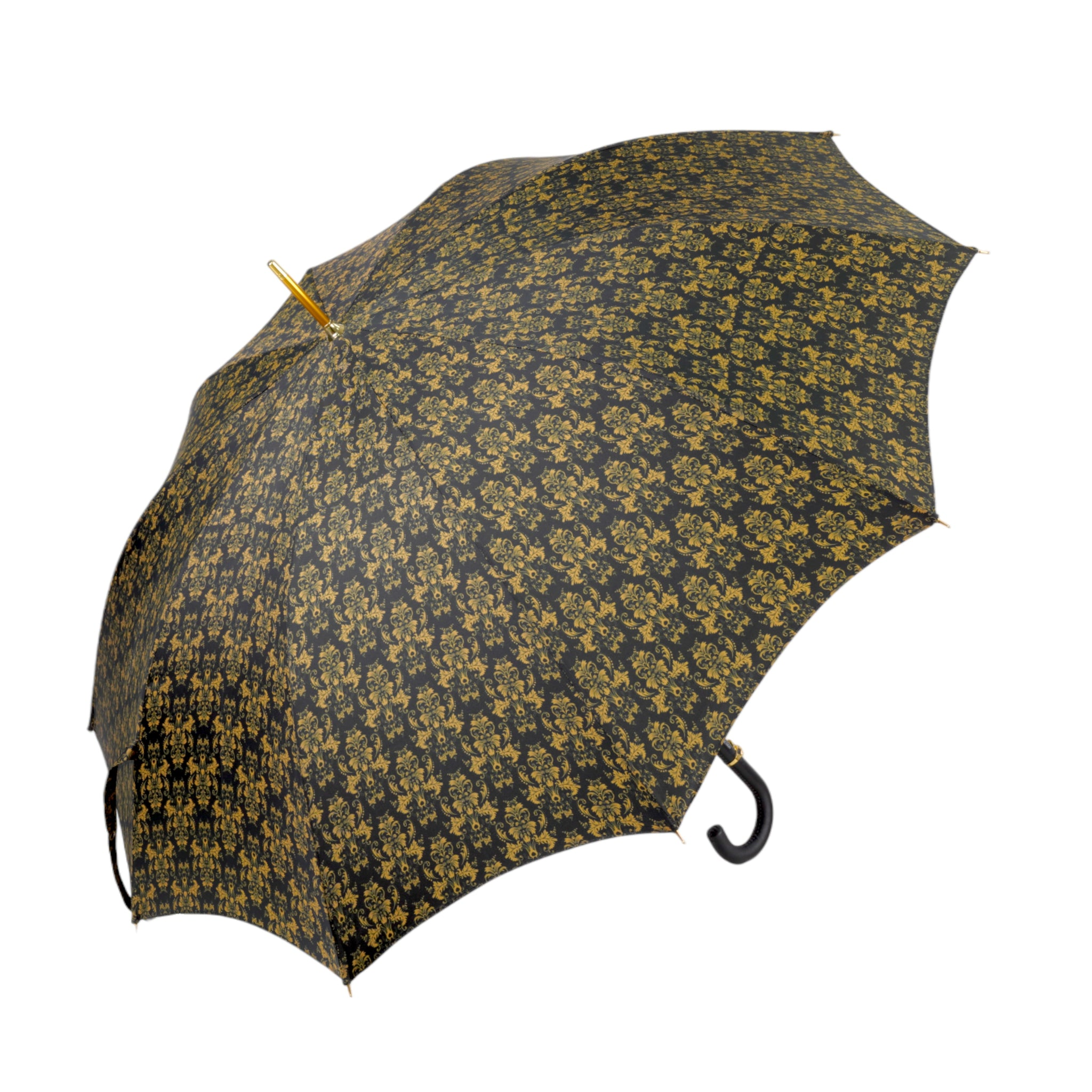 Leather Handle 24K Skull Detail Black and Gold Damask Umbrella