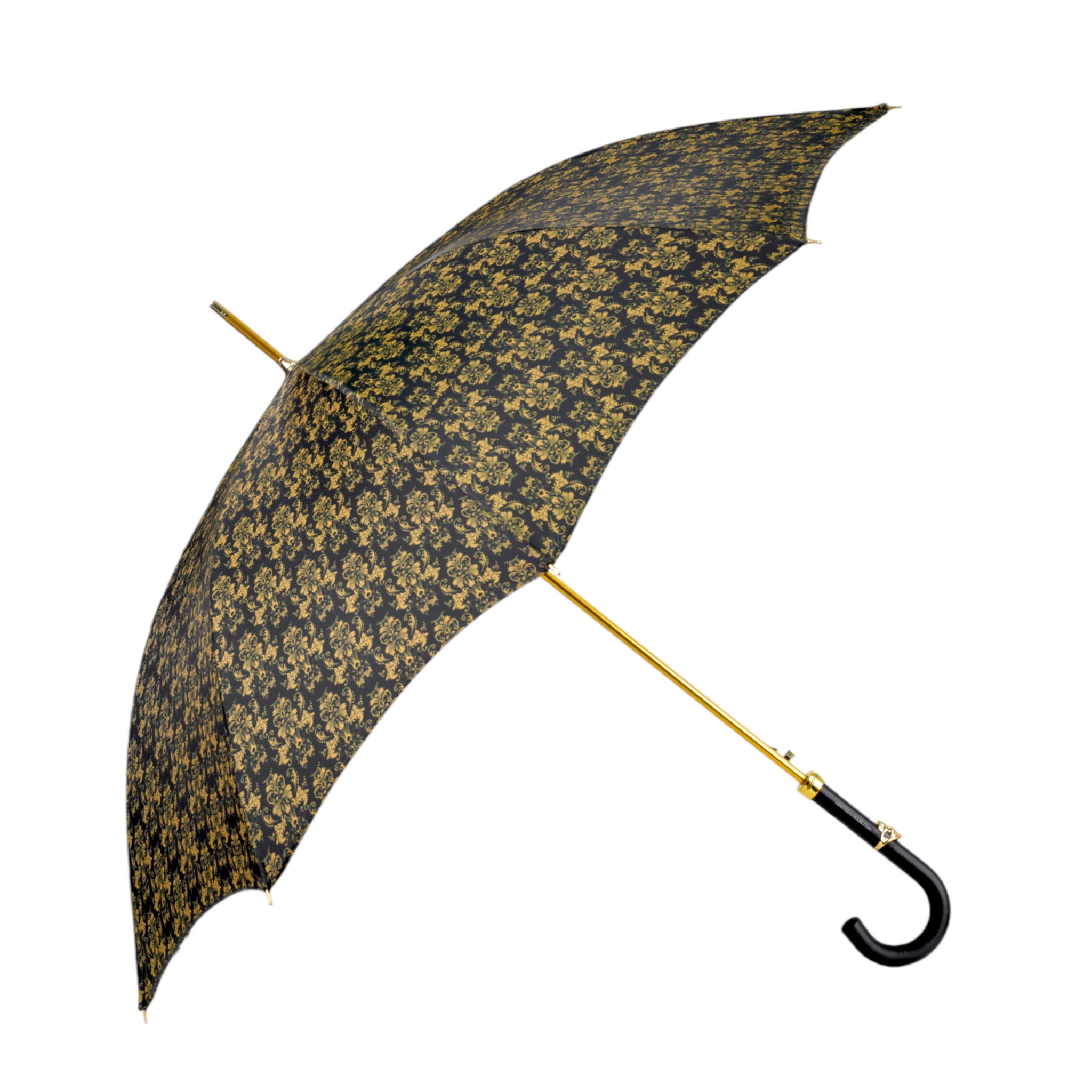 Leather Handle 24K Skull Detail Black and Gold Damask Umbrella