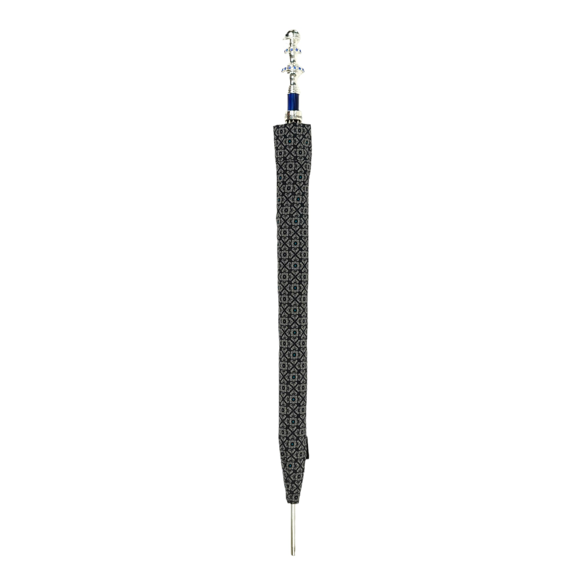 Grey and Blue Jacquard Umbrella with a Silver-Plated Crystal Handle