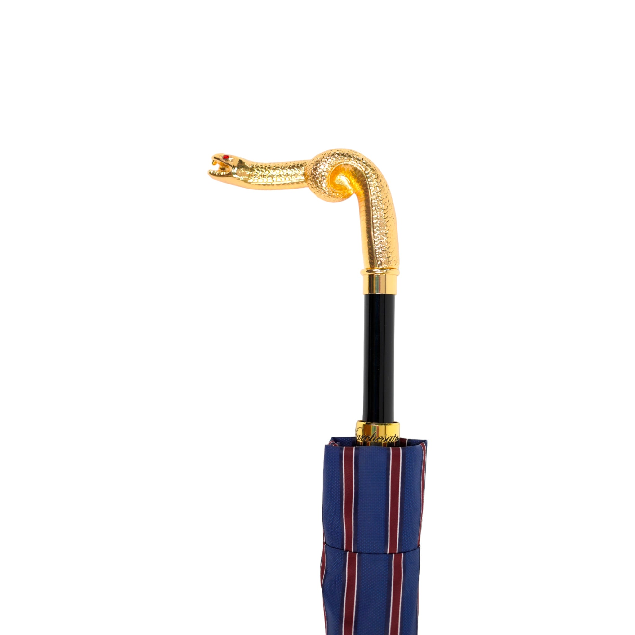 Luxury Blue and Bordeaux Striped Men’s Umbrella with Gold Snake Handle